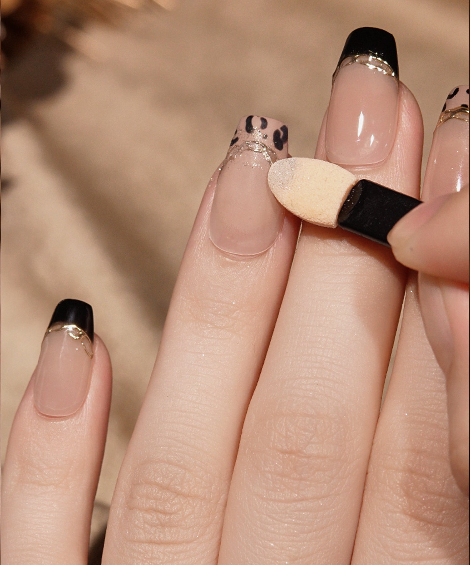 【一部当日発送】水光ネイルベージュブラックフレンチレオパードミラーラインバレリーナネイルチップ