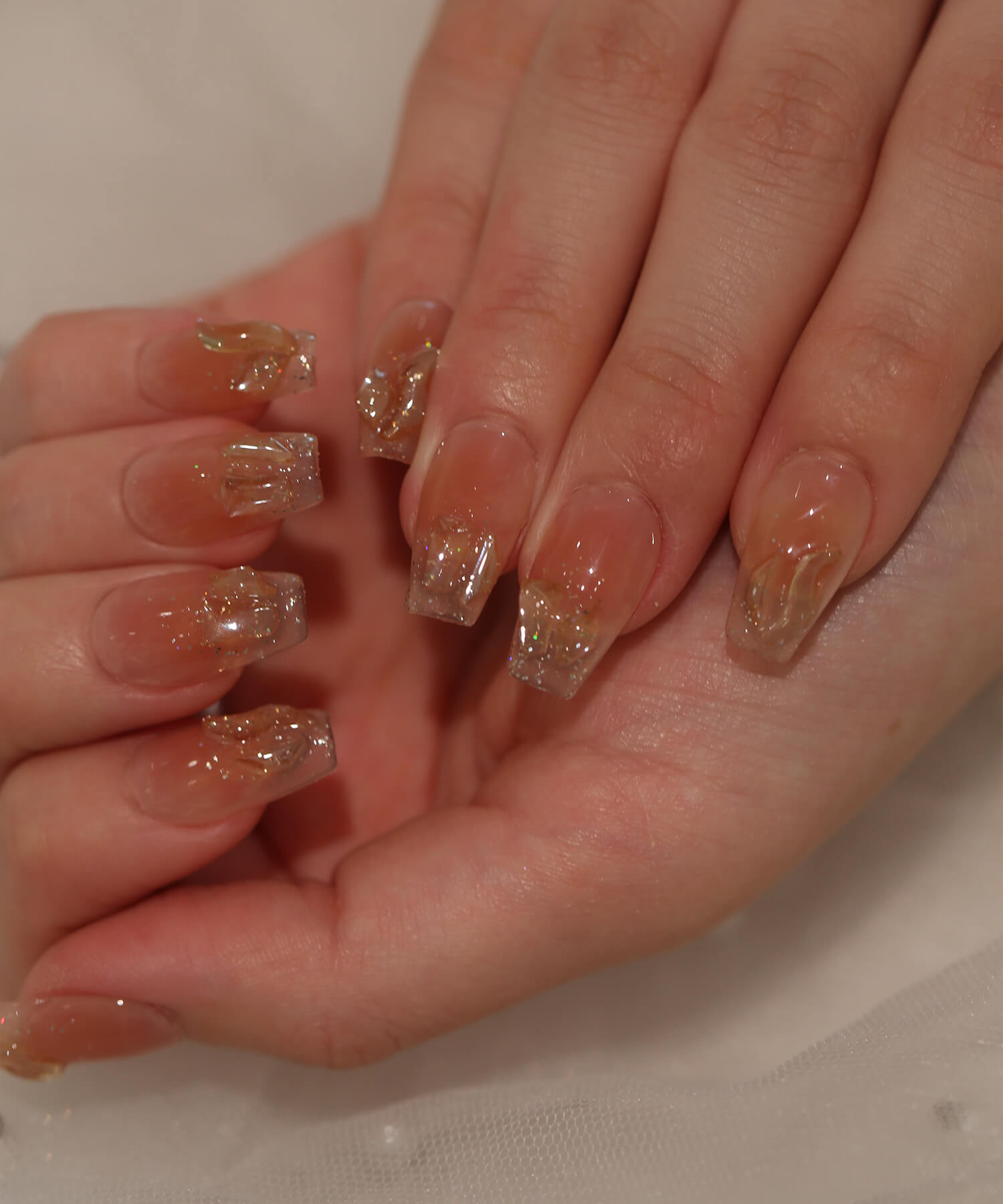 【当日発送】水光ネイルピンクオレンジチークストーンワンホンバレリーナネイルチップ