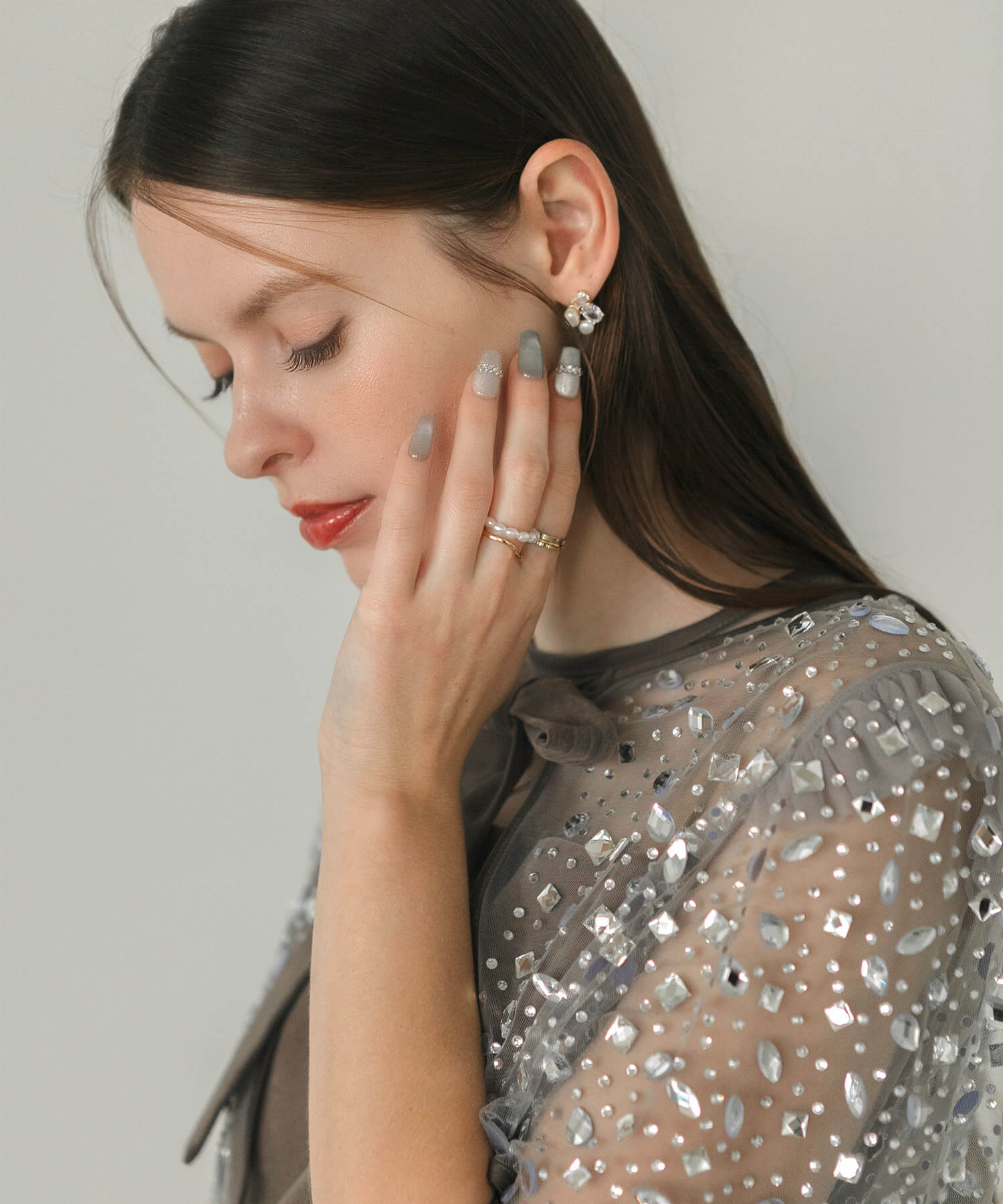 【当日発送】水光ネイルストーンシルバーブルーマグネットバレリーナネイルチップ