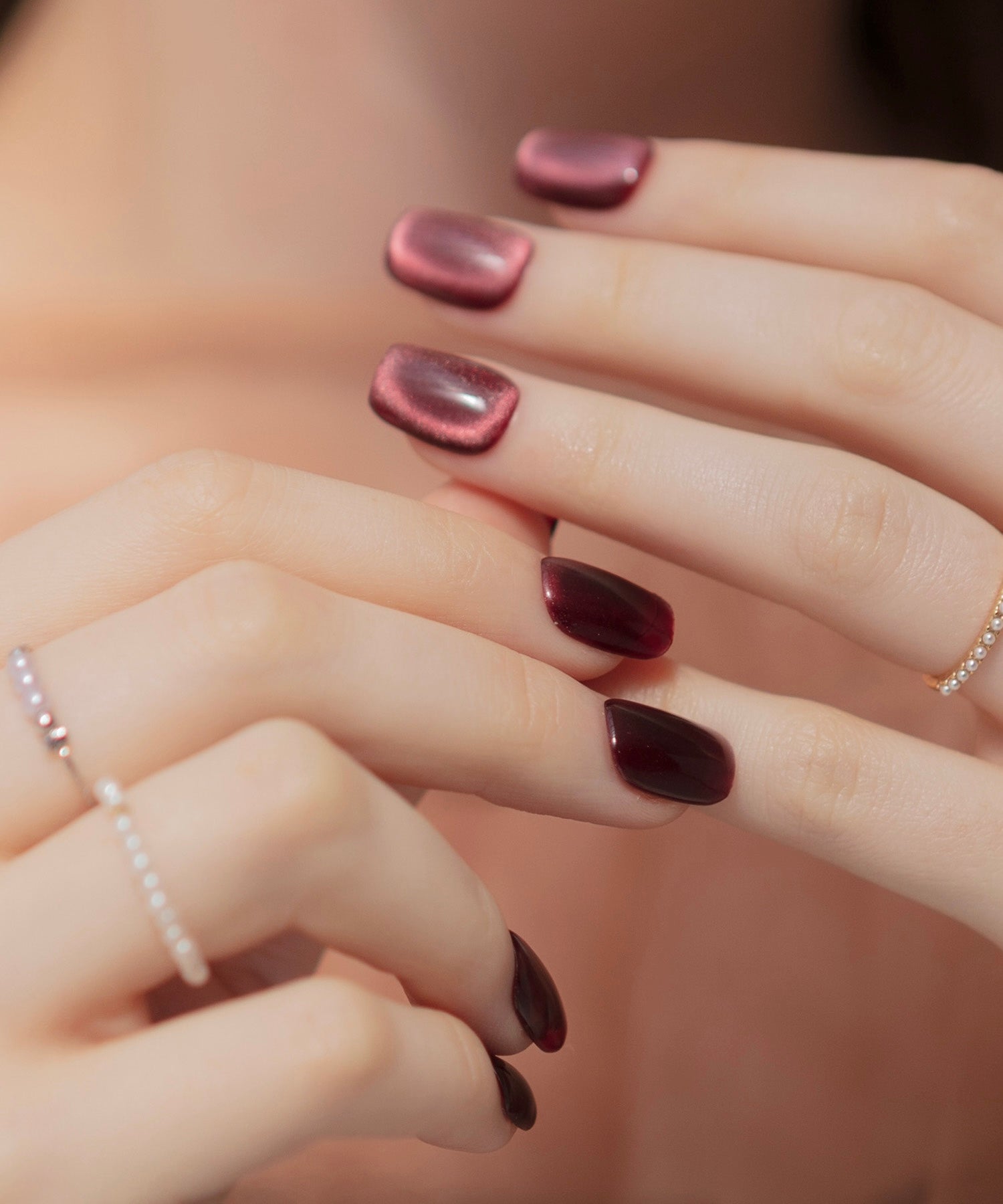 【一部当日発送】水光ネイルダークレッドワンカラーマグネットショートスクエアネイルチップ