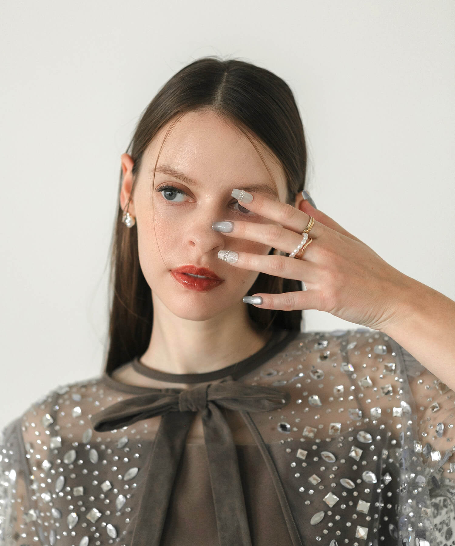 【当日発送】水光ネイルストーンシルバーブルーマグネットバレリーナネイルチップ