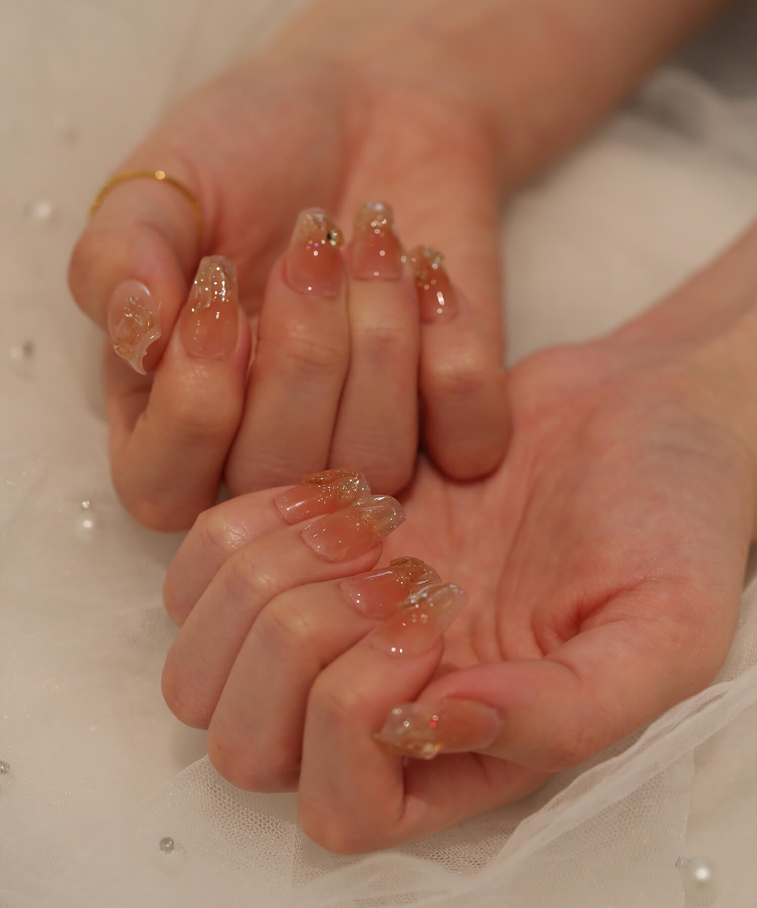 【当日発送】水光ネイルピンクオレンジチークストーンワンホンバレリーナネイルチップ