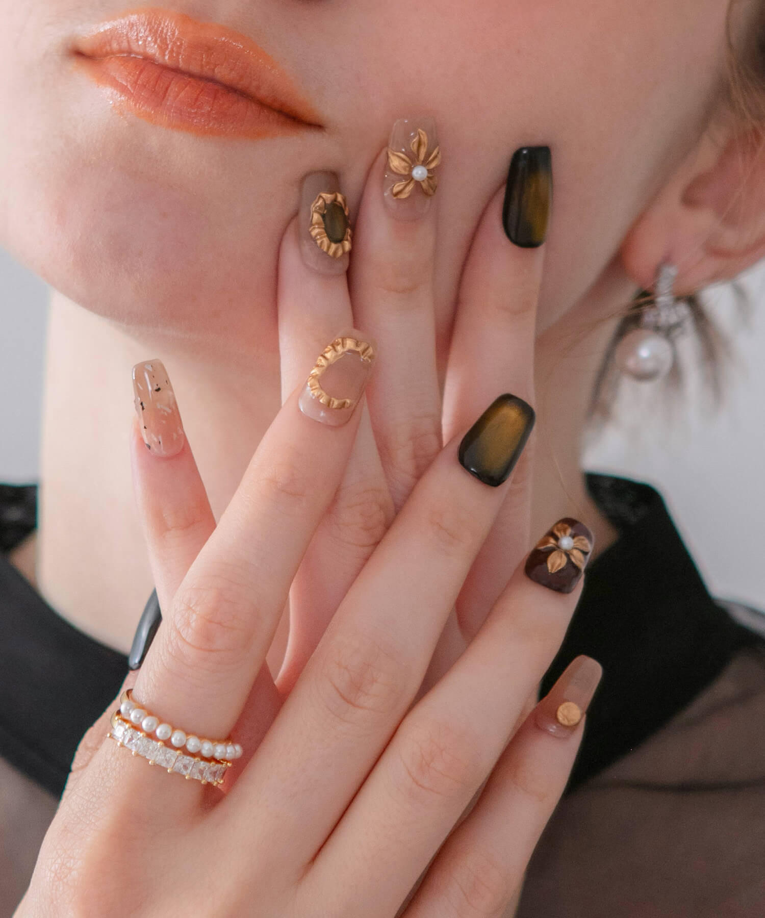 【当日発送】水光ネイルブラウンゴールドマグネットフラワーパーツパールスクエアネイルチップ