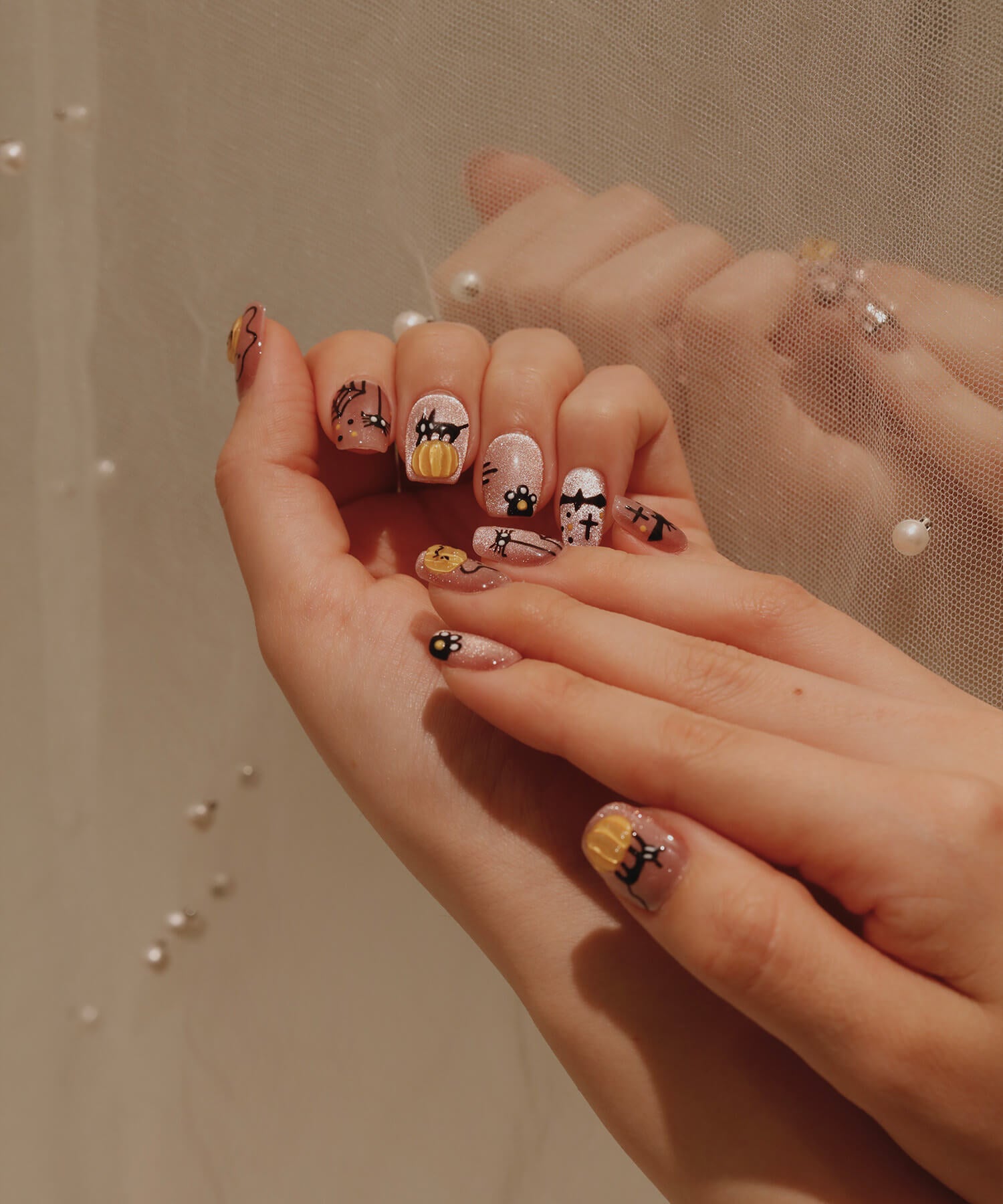 [Same-day shipping] 3D Water Shine Nail Pink Magnet Halloween 3D Art Cat Pumpkin Spider Event Nail Tips