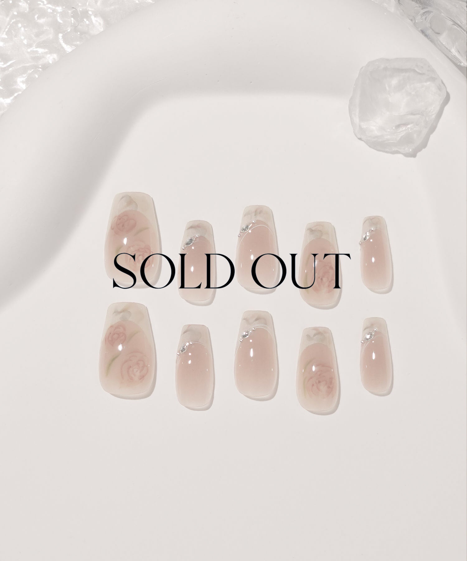 【SOLD OUT】3D水光ネイルブラウンベージュフレンチローズインクアートバレリーナネイルチップ