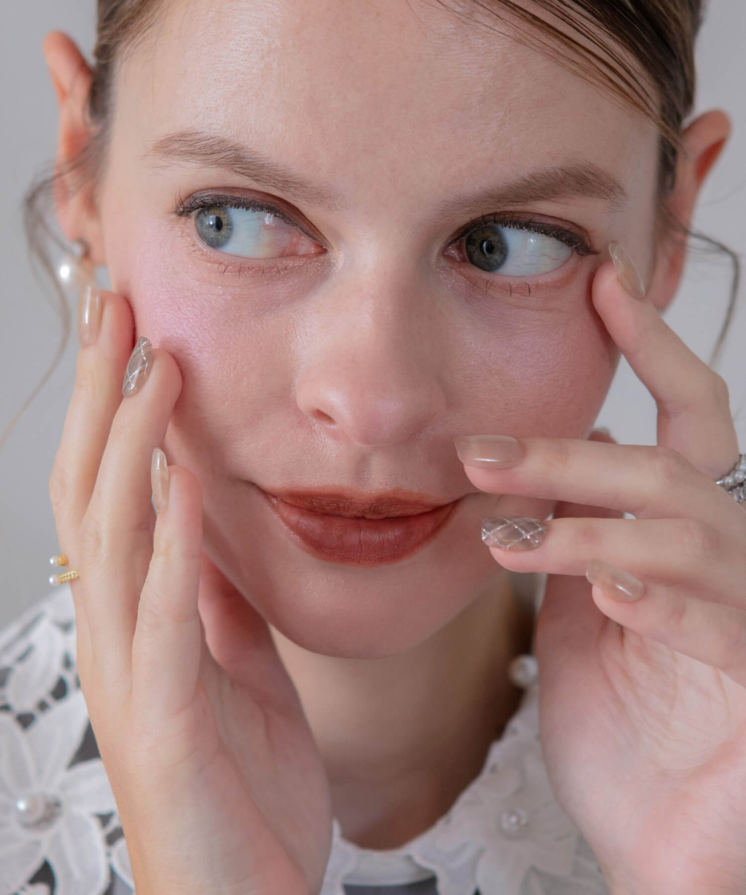 【当日発送】水光ネイルベージュマグネットグレーアーガイルショートスクエアネイルチップ