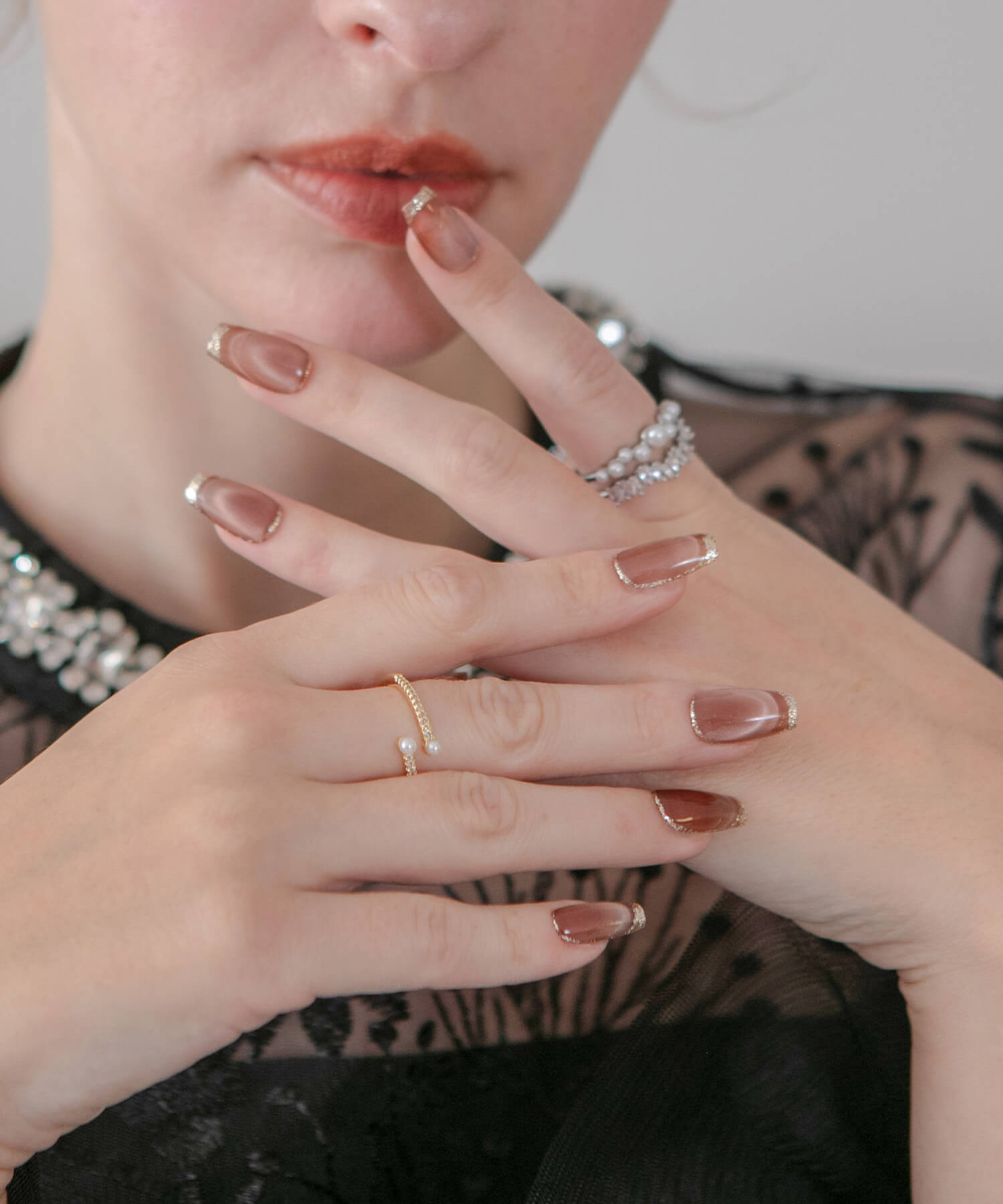 【一部当日発送】水光ネイルブラウンマグネットゴールドフレームバレリーナネイルチップ