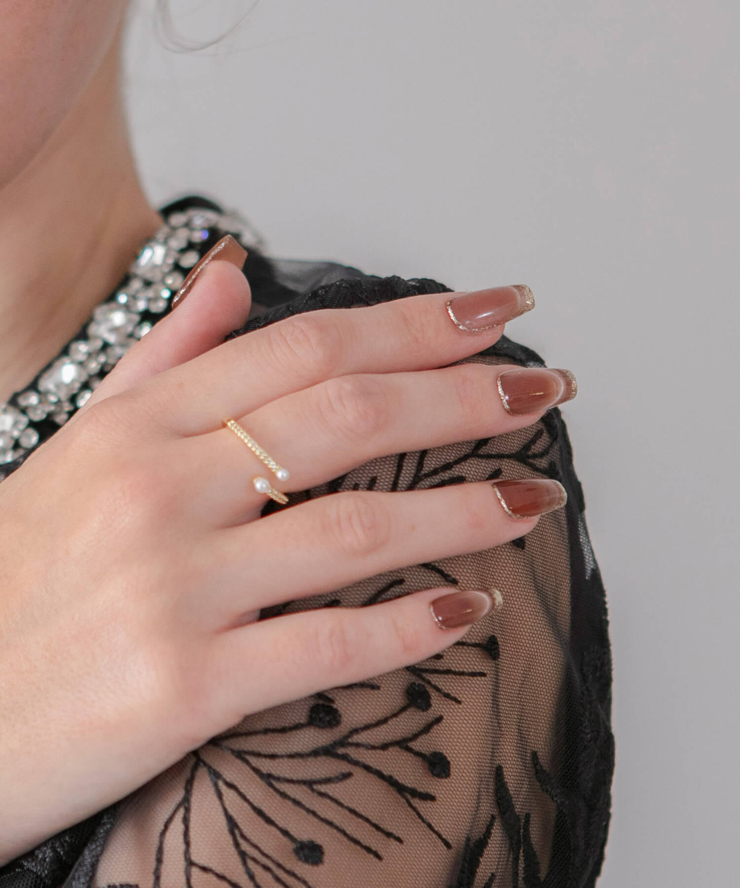 【一部当日発送】水光ネイルブラウンマグネットゴールドフレームバレリーナネイルチップ