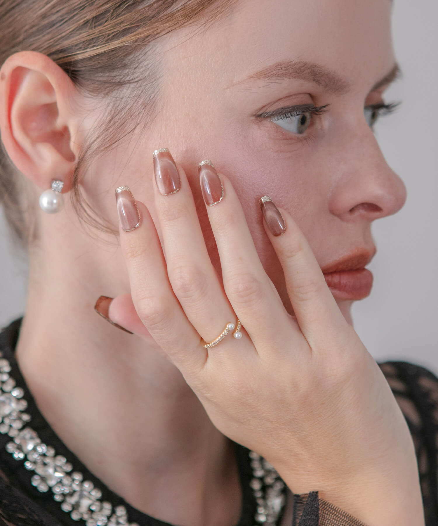 【一部当日発送】水光ネイルブラウンマグネットゴールドフレームバレリーナネイルチップ