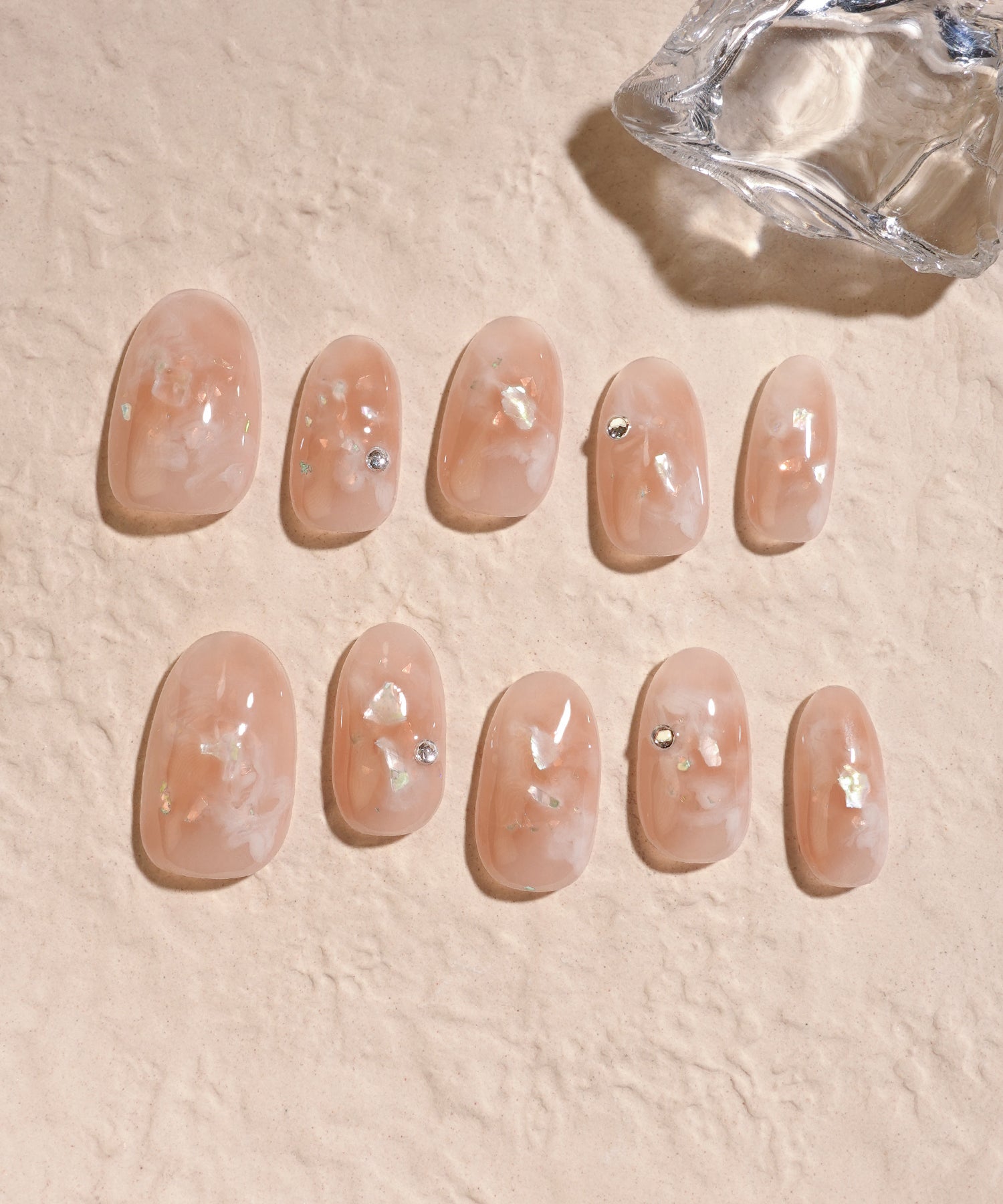 【当日発送】水光ネイルベージュマーブルシェルストーンオーバルネイルチップ