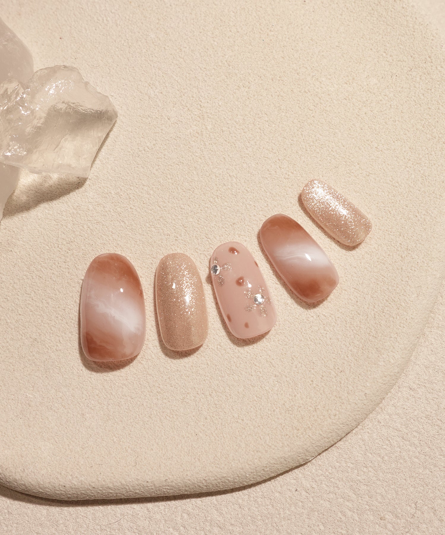 【当日発送】水光ネイルピンクマーブルフラワーアートストーンラメオーバルネイルチップ