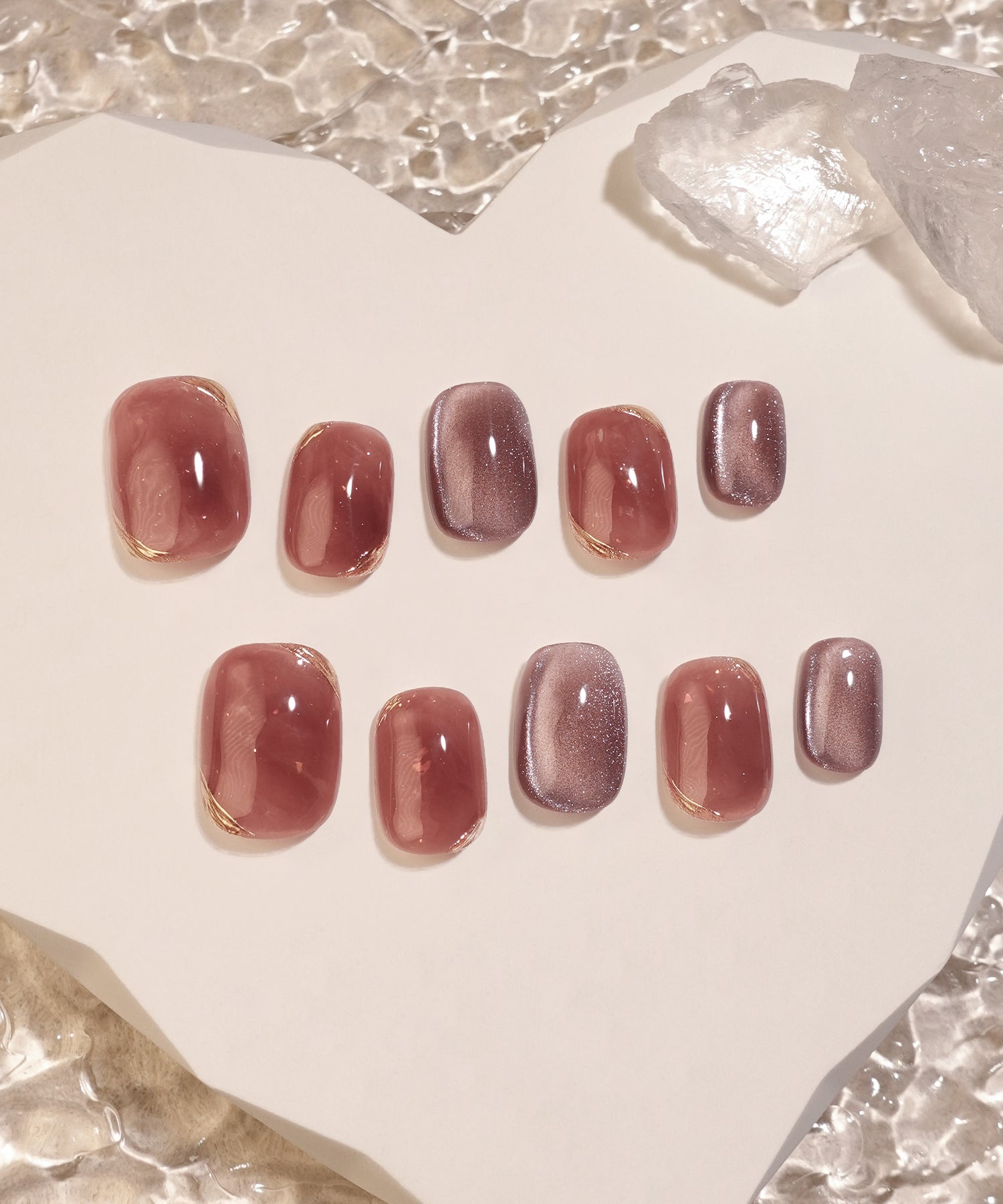 【一部当日発送】水光ネイルローズピンクパープルマグネットゴールドミラーショートラウンドネイルチップ