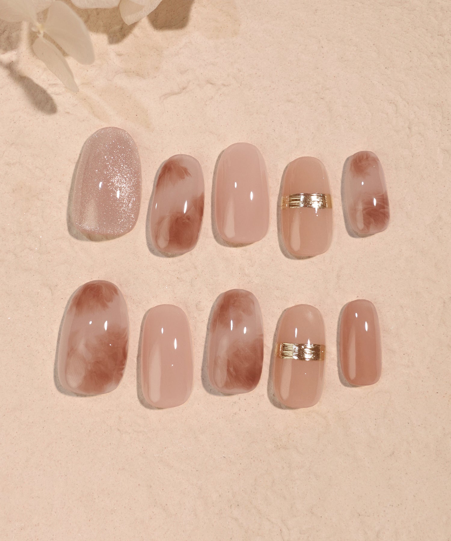 水光ネイルピンクニュアンスゴールドミラーマグネットオーバルネイルチップ