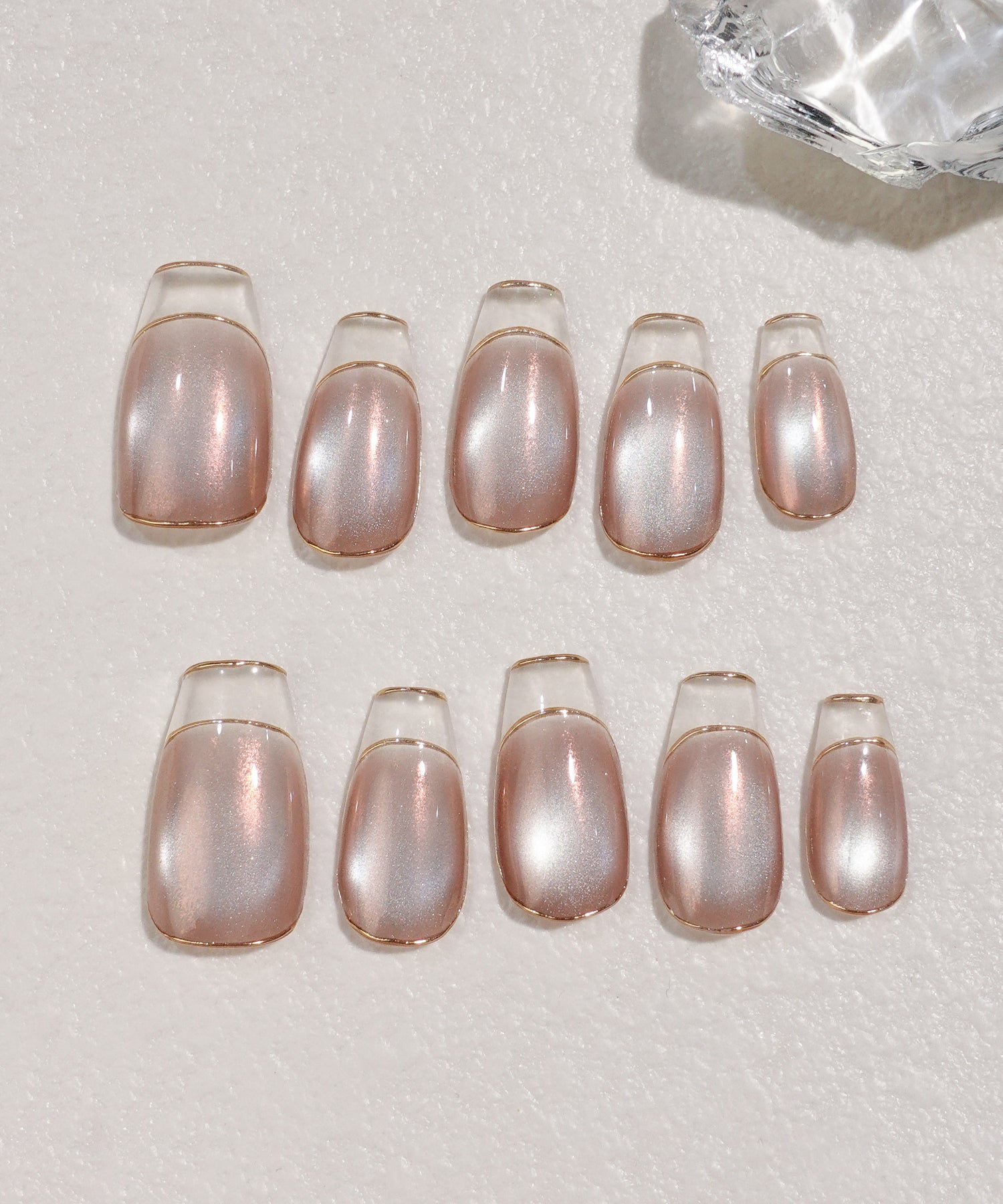 水光ネイルピンクマグネットゴールドミラーラインクリアフレンチバレリーナネイルチップ