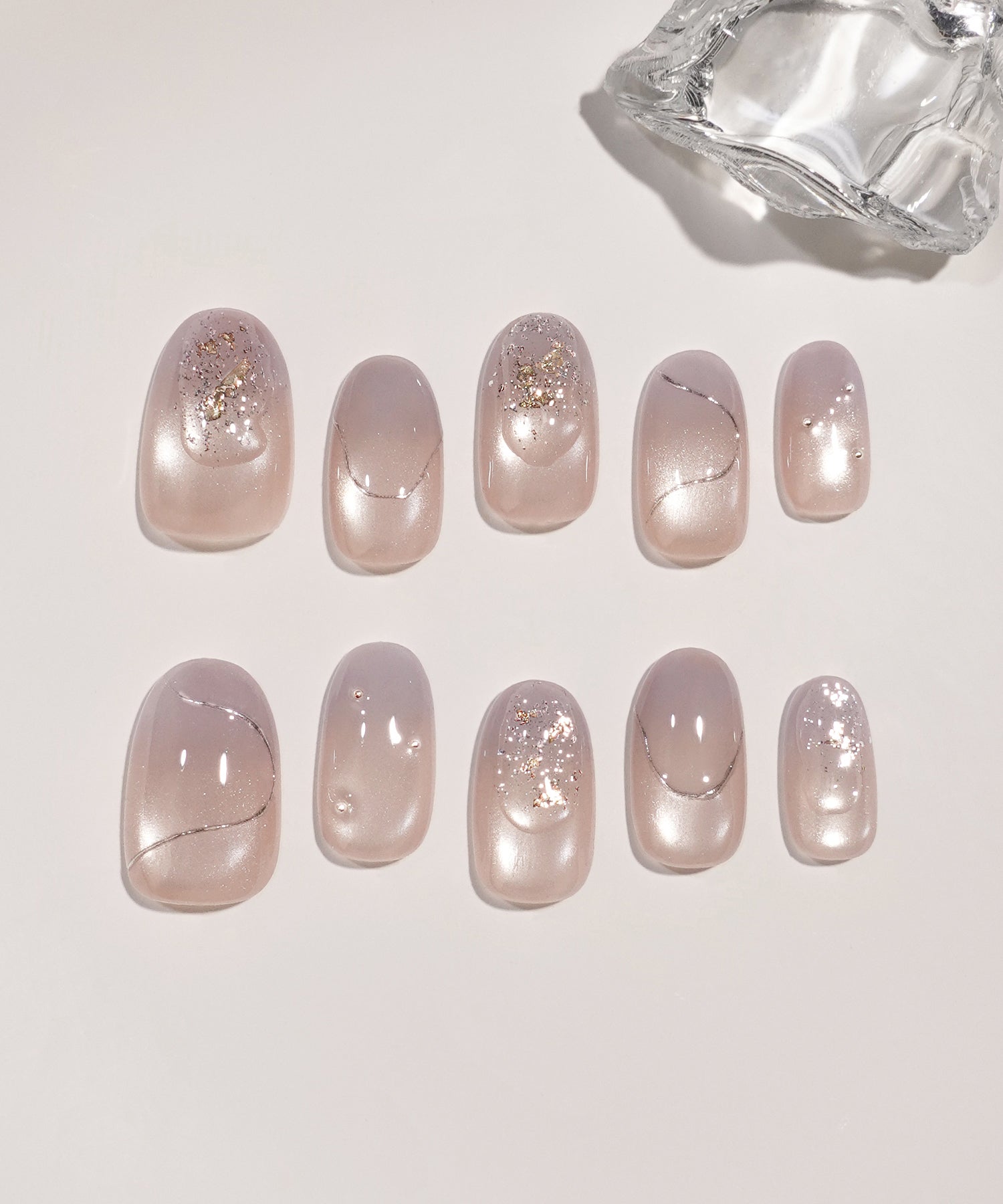 水光ネイルパープルピンクグラデーションマグネットシルバーミラーラインオーバルネイルチップ