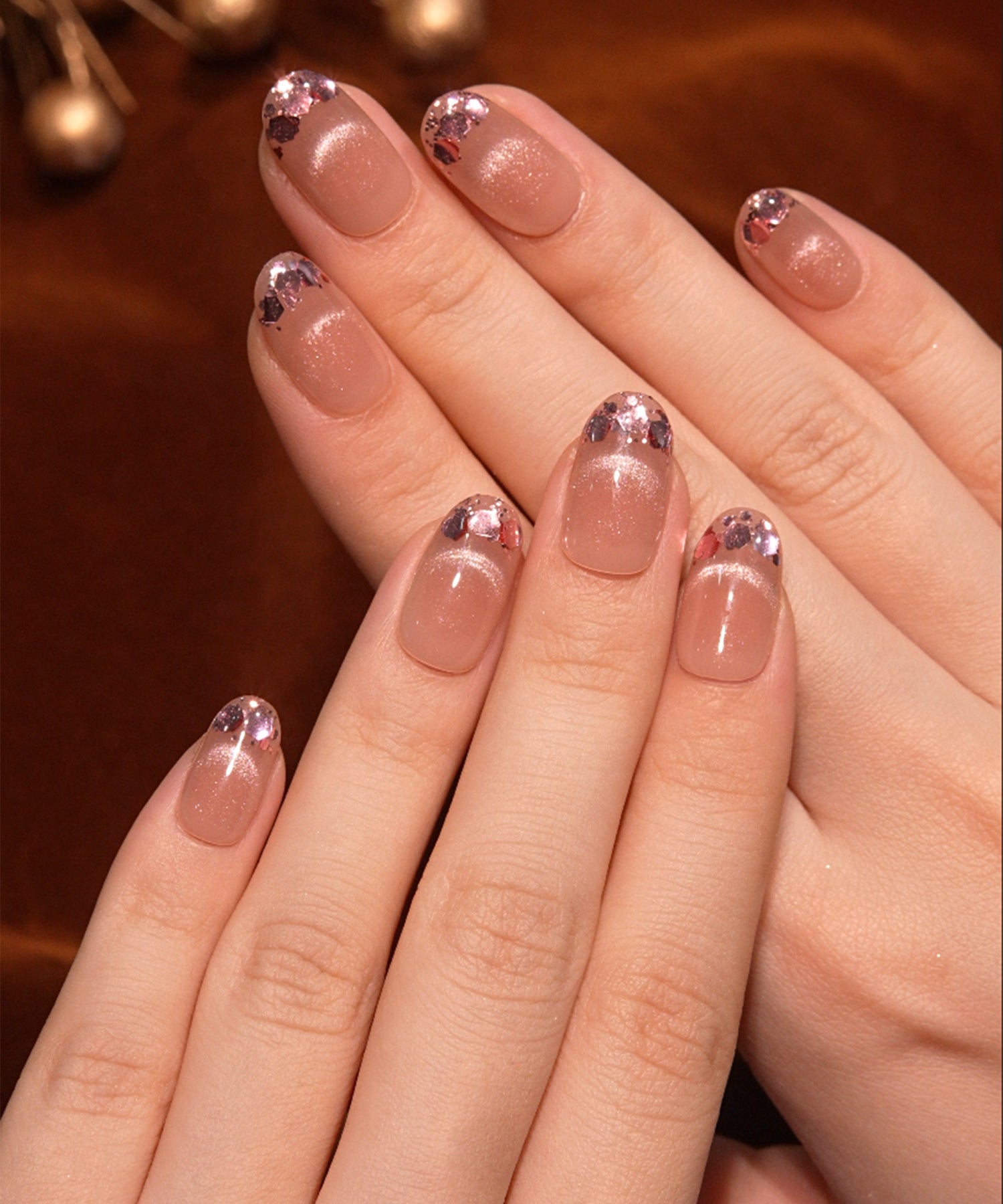 【当日発送】水光ネイルピンクマグネットホログラムフレンチオーバルネイルチップ