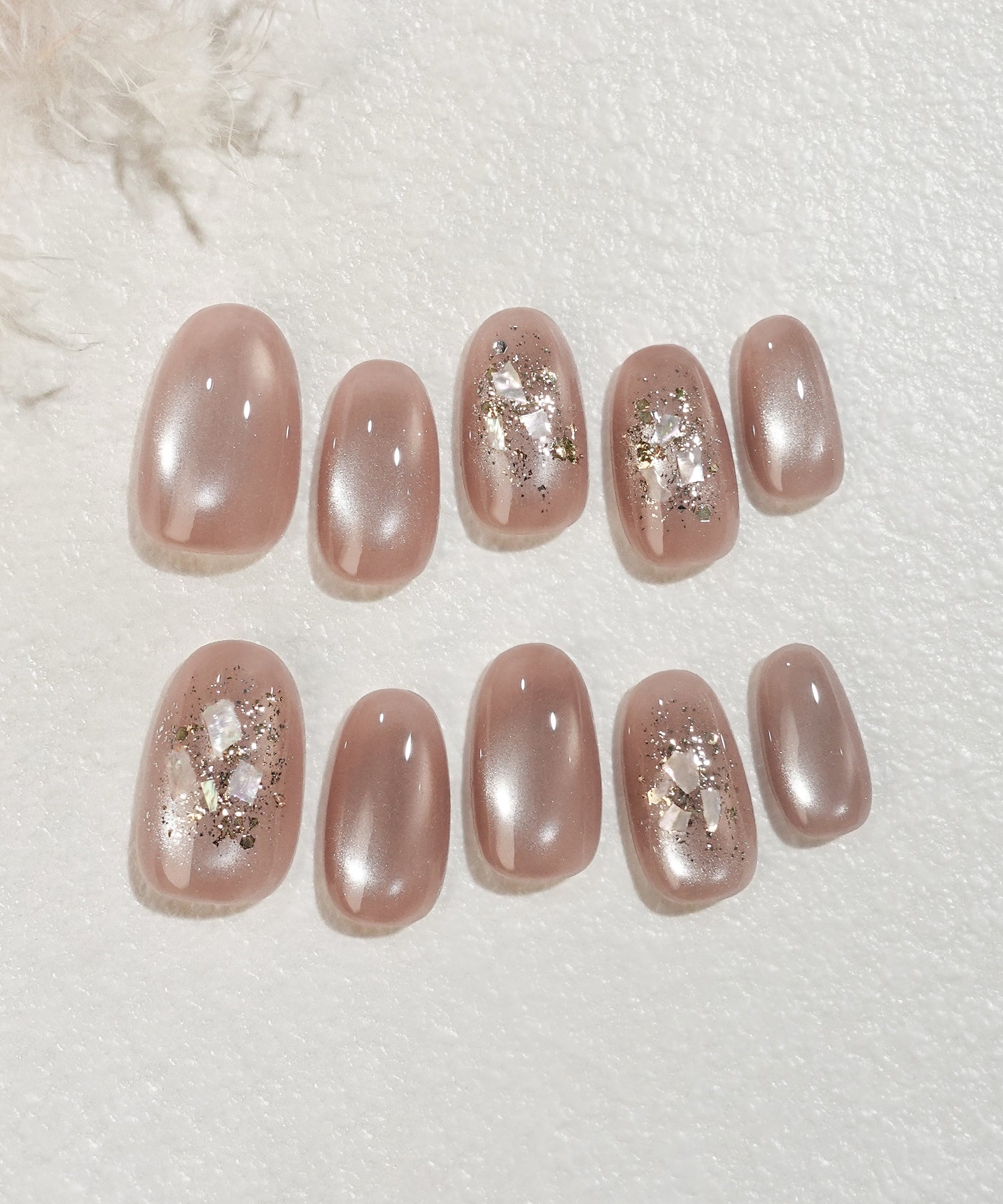 【当日発送】水光ネイルピンクマグネットゴールドホイルシェルオーバルネイルチップ