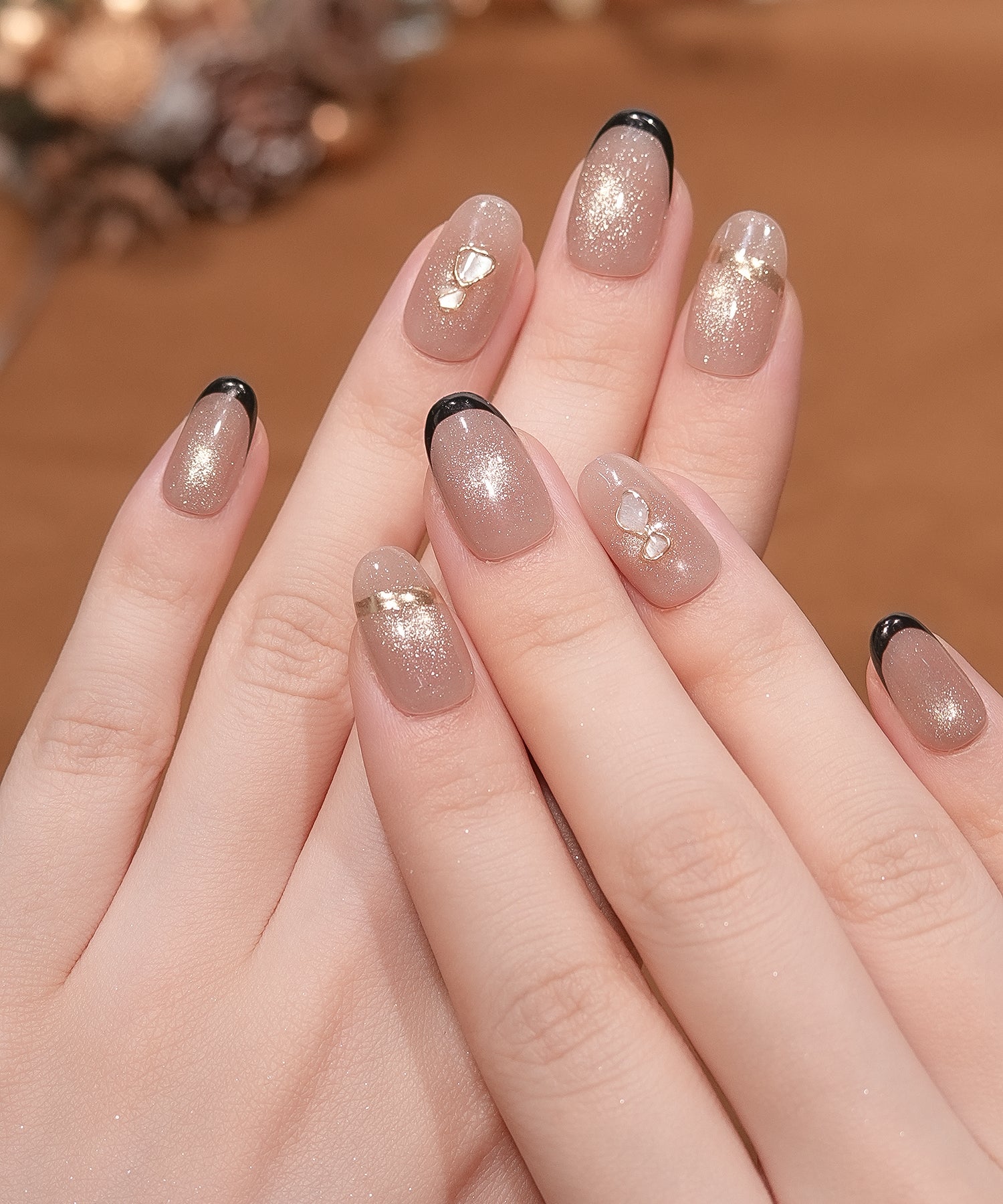 当日発送】水光ネイルピンクマグネットブラックフレンチゴールドミラー