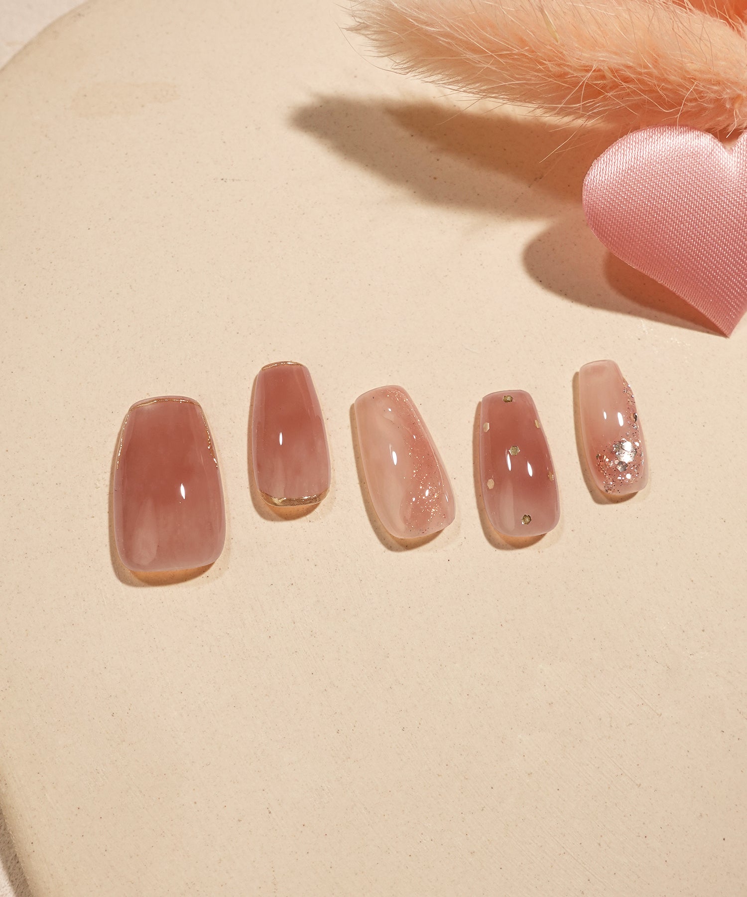 【SOLD OUT】水光ネイルコーラルオレンジマーブルハートモチーフゴールドミラーラメホロバレリーナネイルチップ