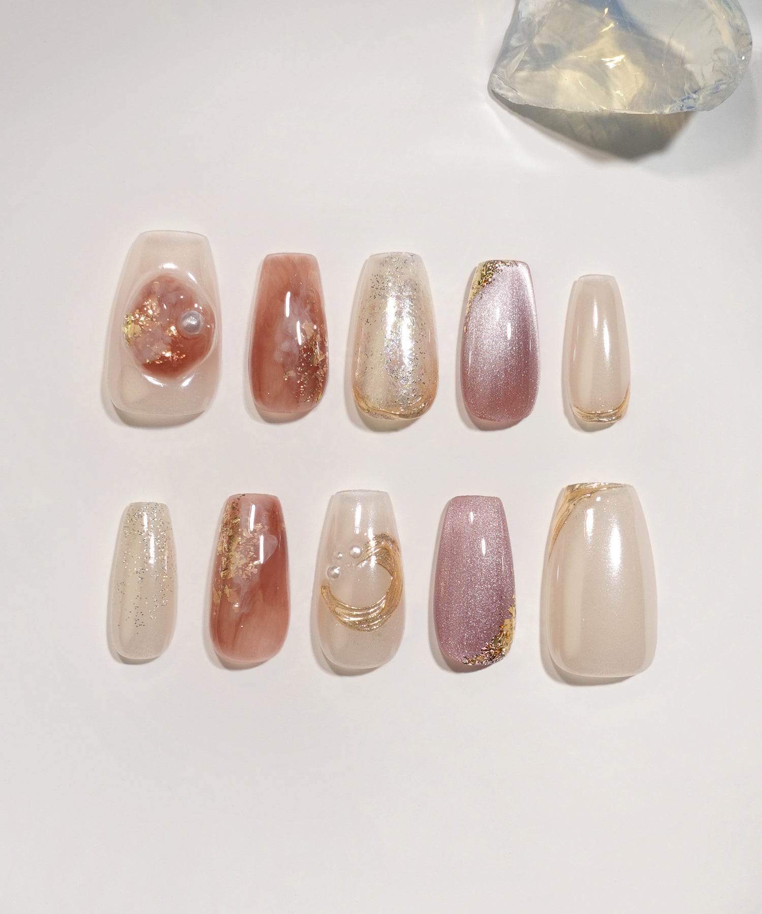【COMING SOON】水光ネイルホワイトミラーニュアンスゴールドミラーアートパールホロラメバレリーナネイルチップ