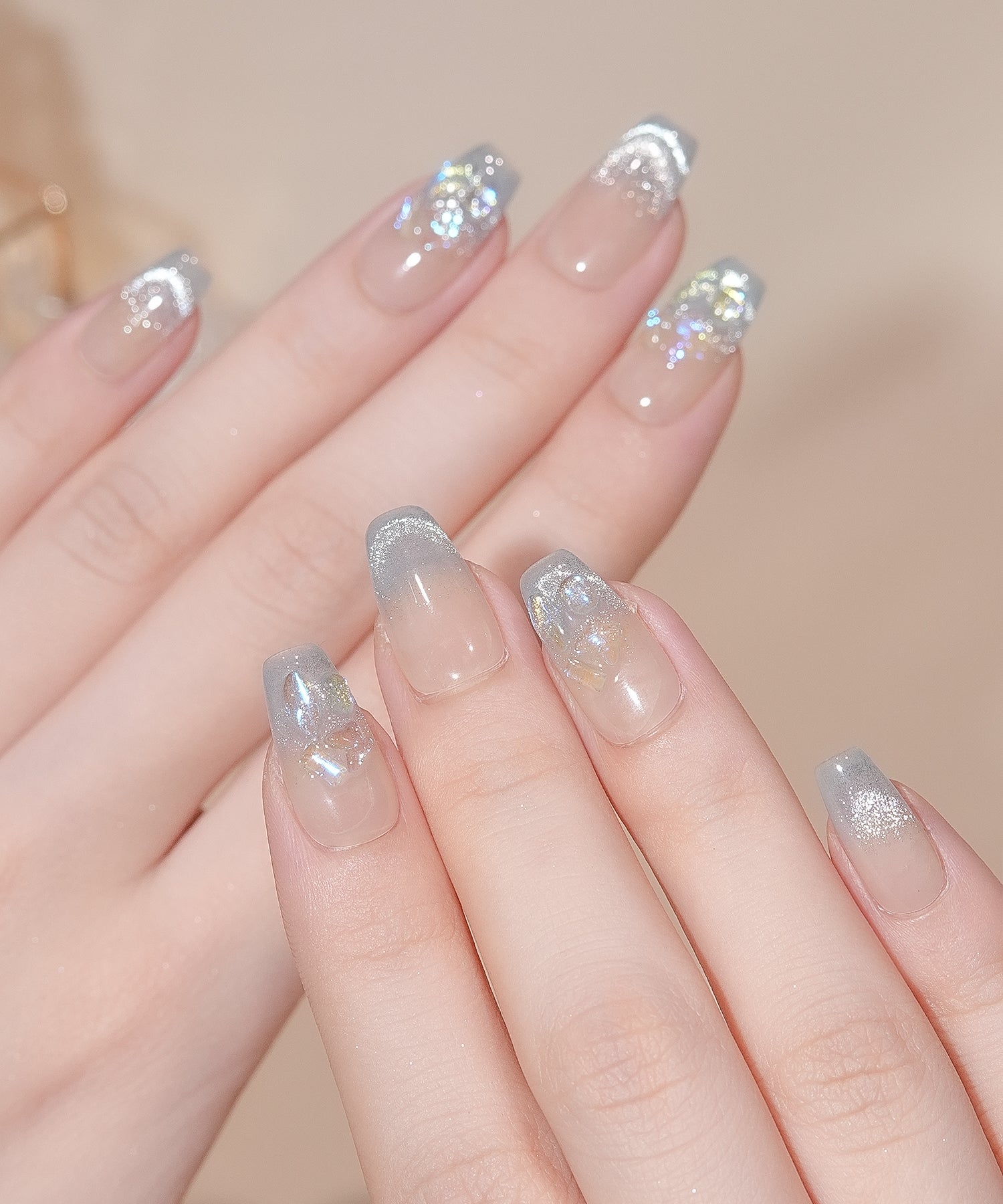 【当日発送】水光ネイルピンクブルーグラデーションクリアストーンバレリーナネイルチップ