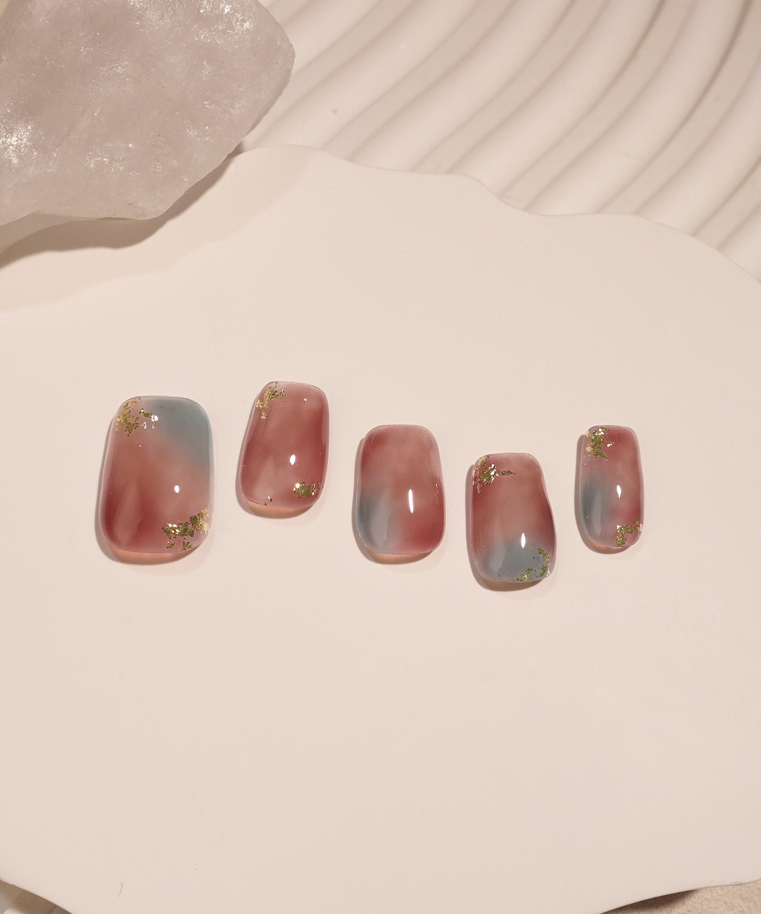 【当日発送】水光ネイルスモーキーローズブルーグレーニュアンスホイルショートスクエアネイルチップ