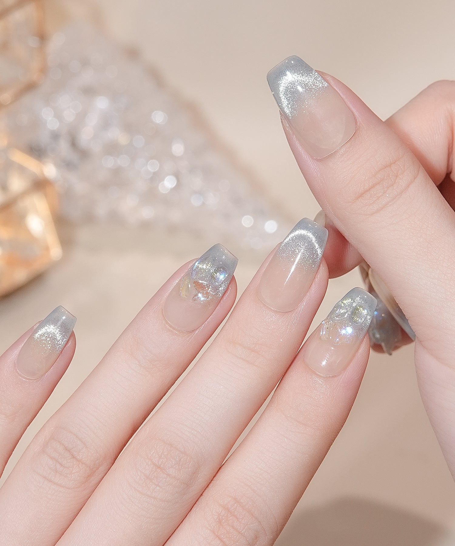 【当日発送】水光ネイルピンクブルーグラデーションクリアストーンバレリーナネイルチップ