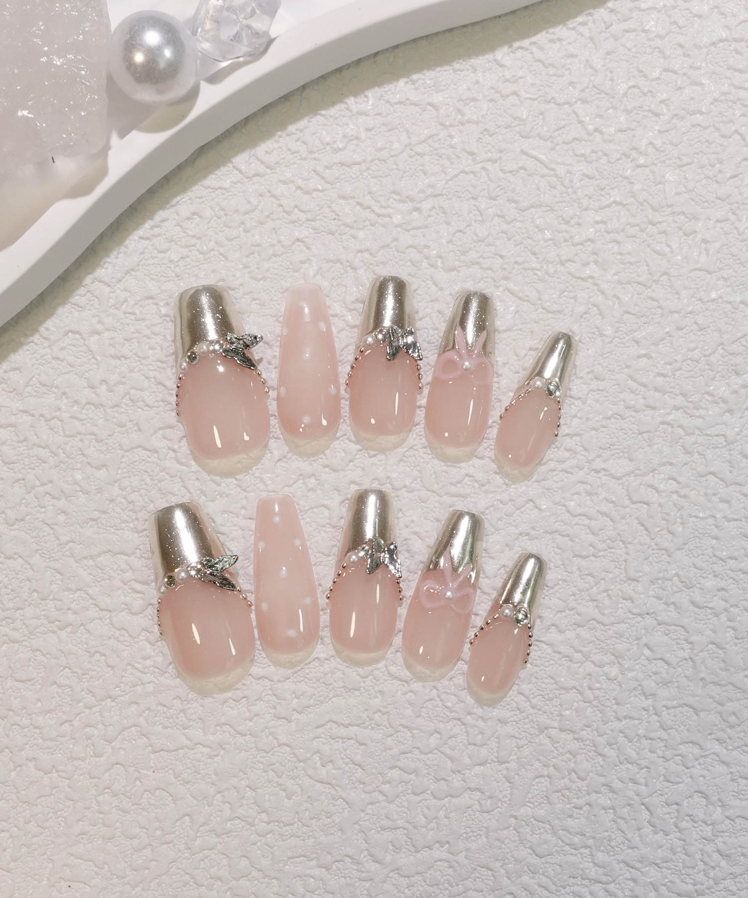[Same-day shipping] 3D Water Shine Nail Natural Pink Silver Mirror French Girly Nail Tips