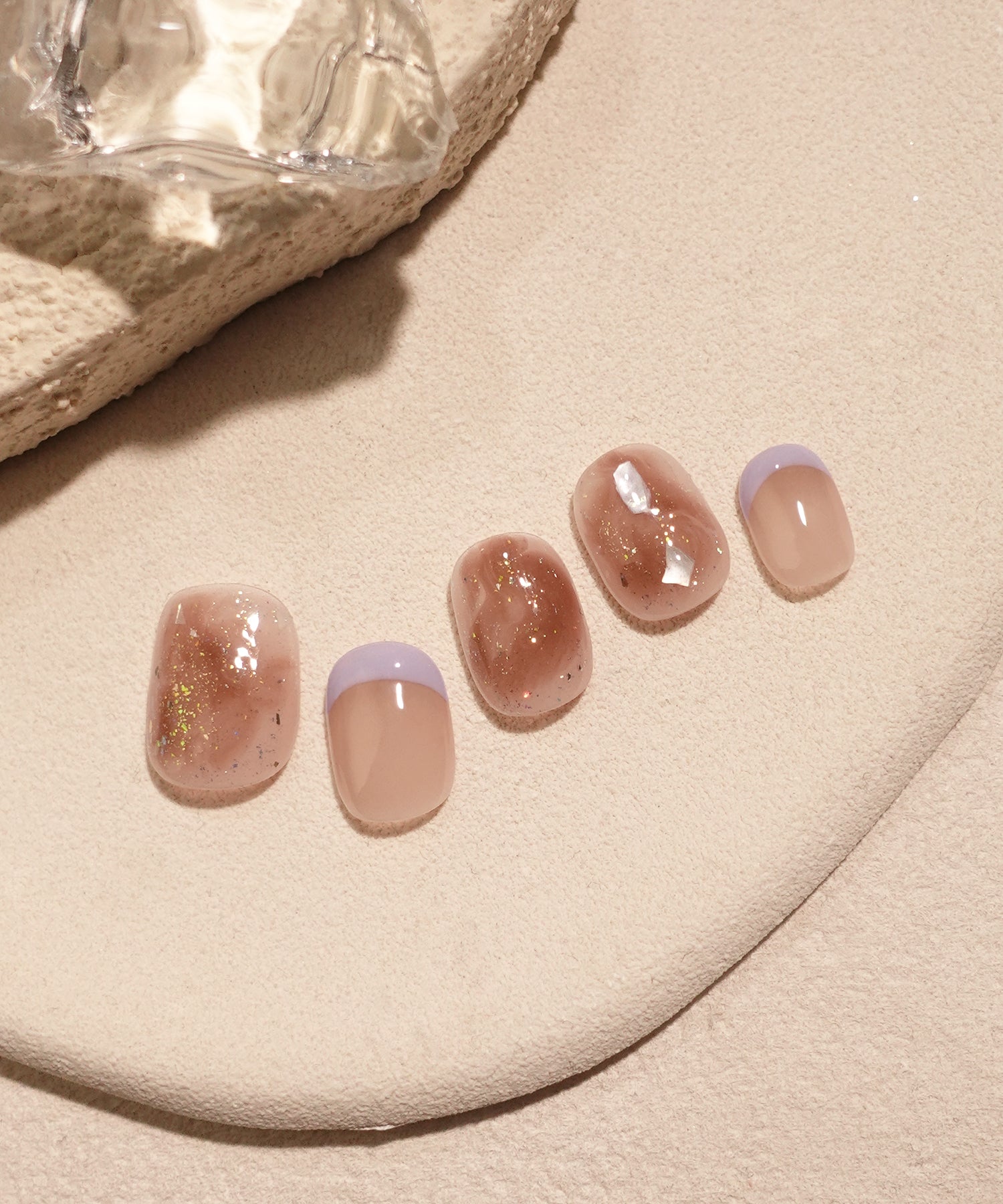 【当日発送】水光ネイルラベンダーフレンチベージュブラウンニュアンスシェルショートラウンドネイルチップ