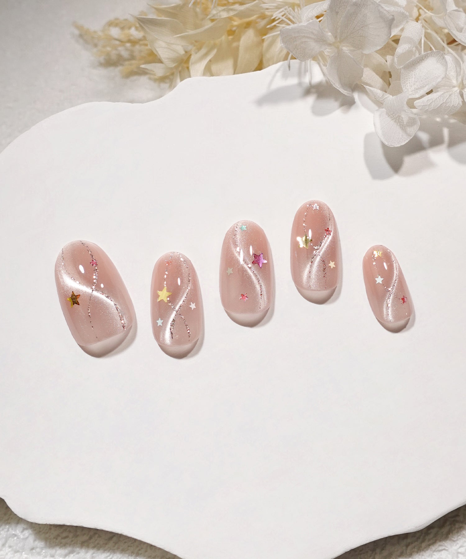 【COMING SOON】水光ネイルピンクマグネットラメラインカラフルスターホログラムオーバルネイルチップ
