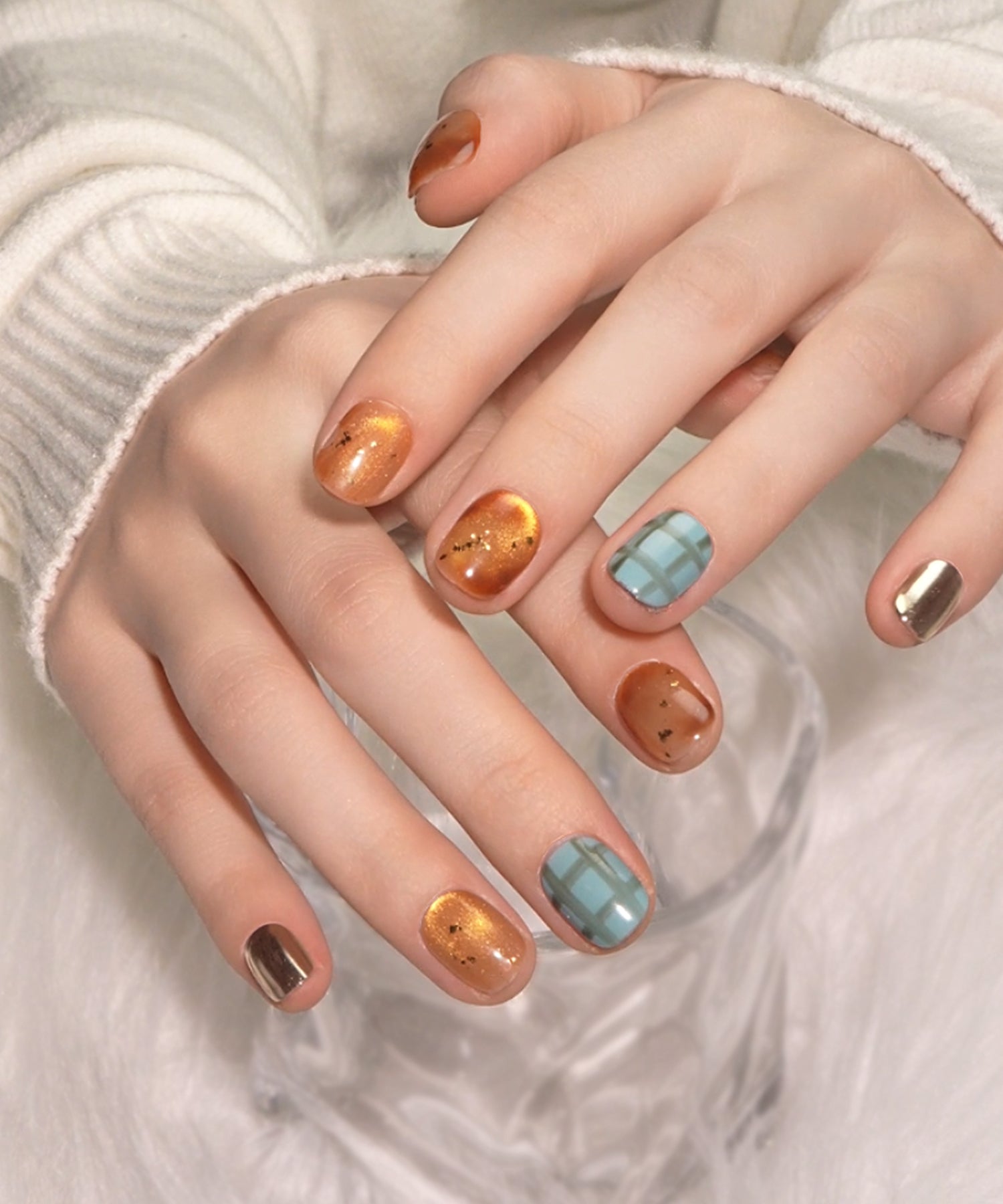 当日発送】水光ネイルゴールドオレンジマグネットチェックニュアンス