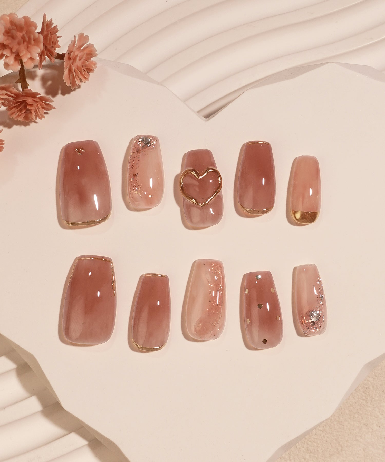 【SOLD OUT】水光ネイルコーラルオレンジマーブルハートモチーフゴールドミラーラメホロバレリーナネイルチップ