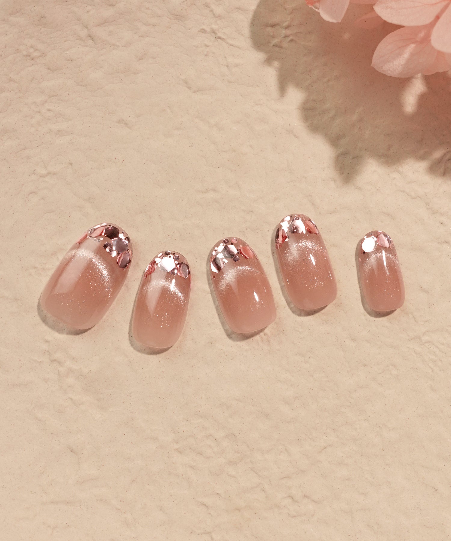 水光ネイルピンクマグネットホログラムフレンチオーバルネイルチップ