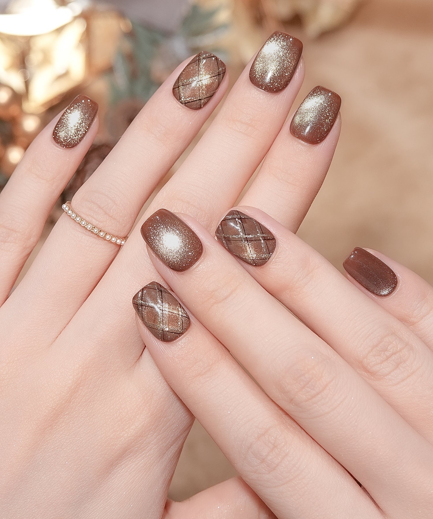 【当日発送】水光ネイルブラウンマグネットアーガイルショートスクエアネイルチップ