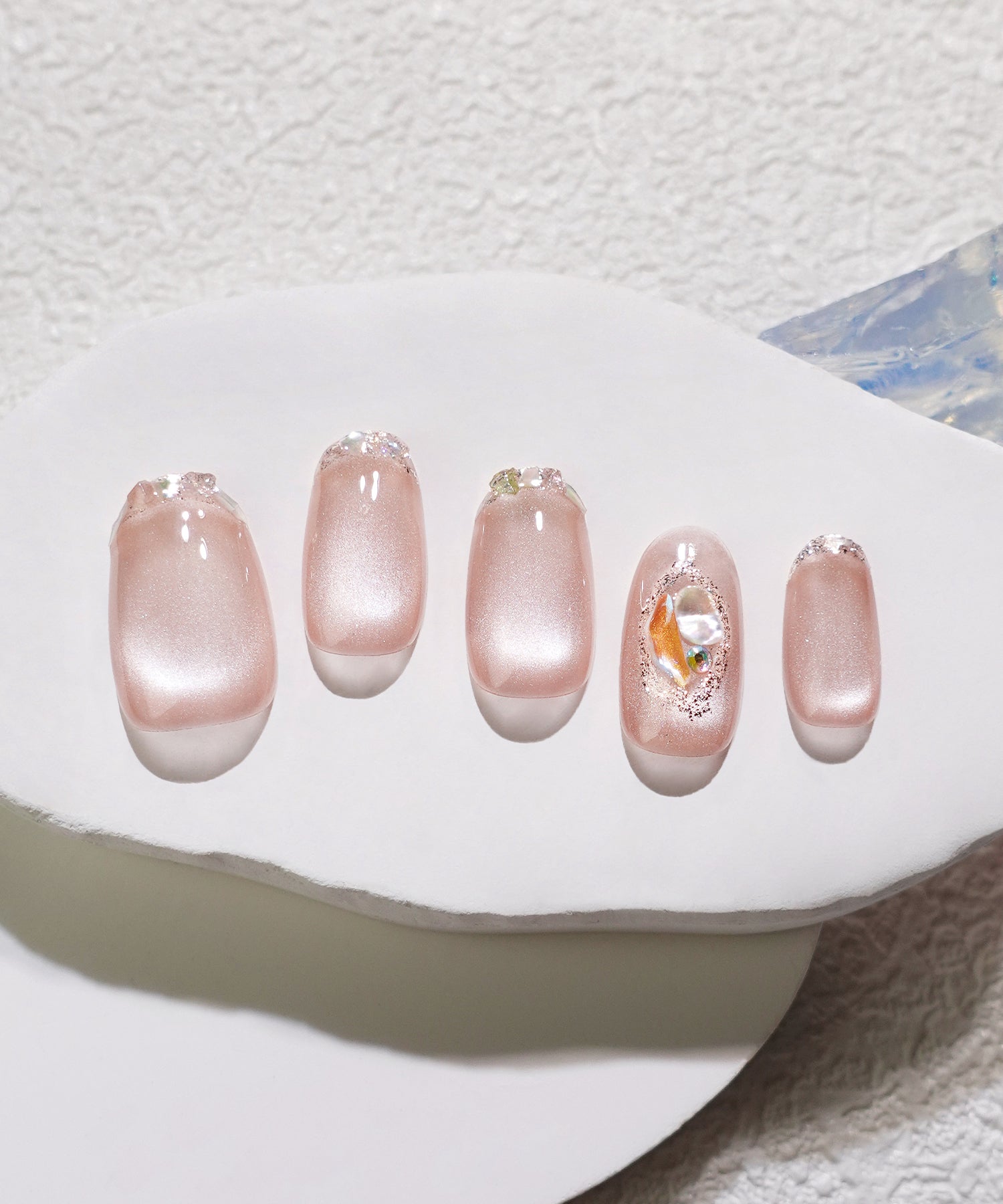 【当日発送】水光ネイルピンクマグネットガラスフレンチシェルストーンオーバルネイルチップ