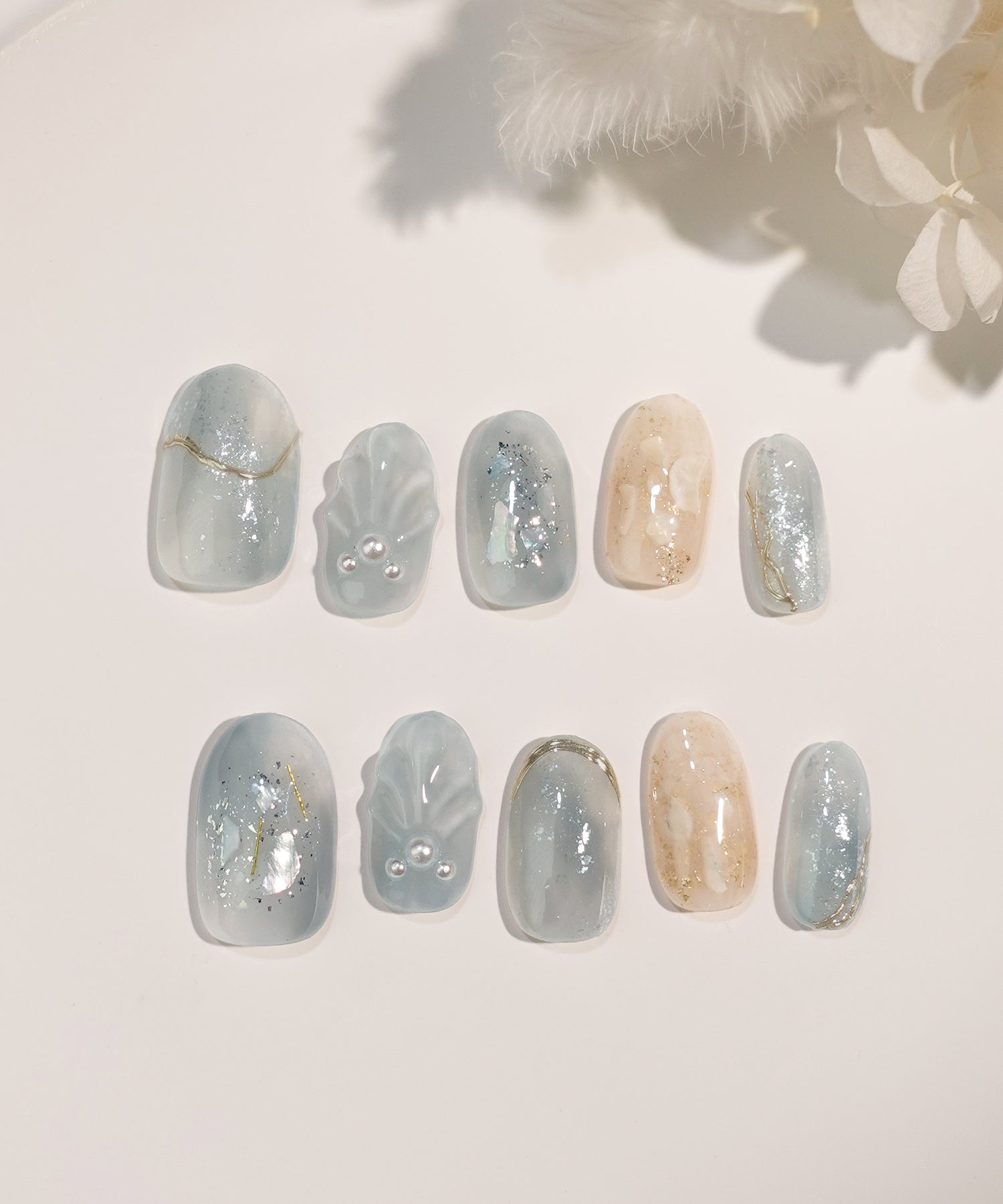 【一部当日発送】水光ネイルスモーキーブルーマーメイドシェルオーバルネイルチップ