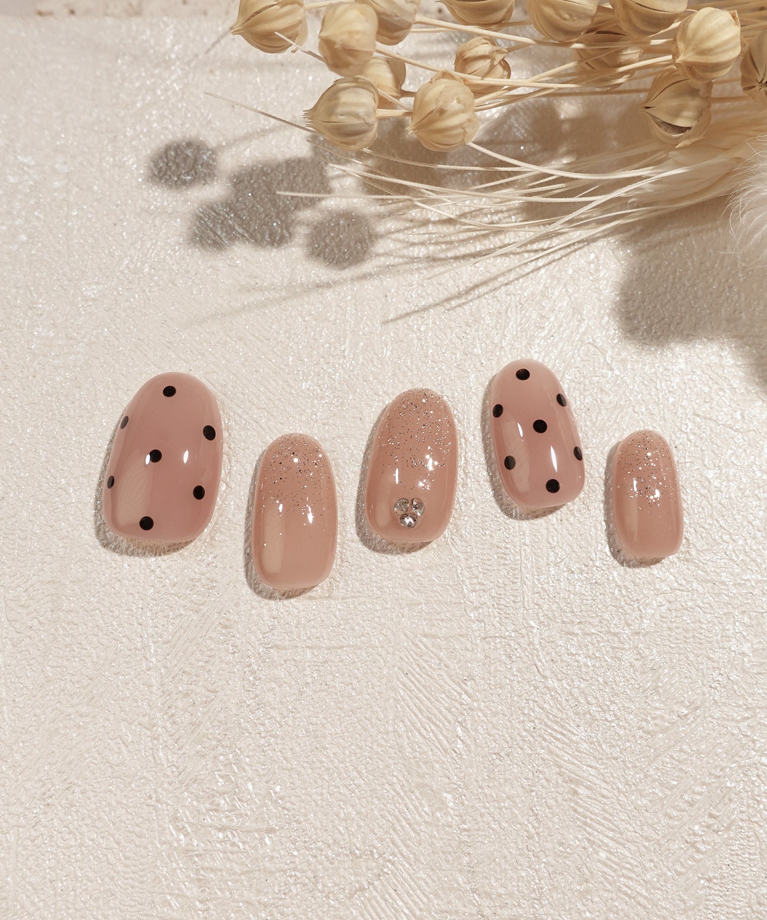 【当日発送】水光ネイルピンクラメグラデーションストーンドットデザインオーバルネイルチップ