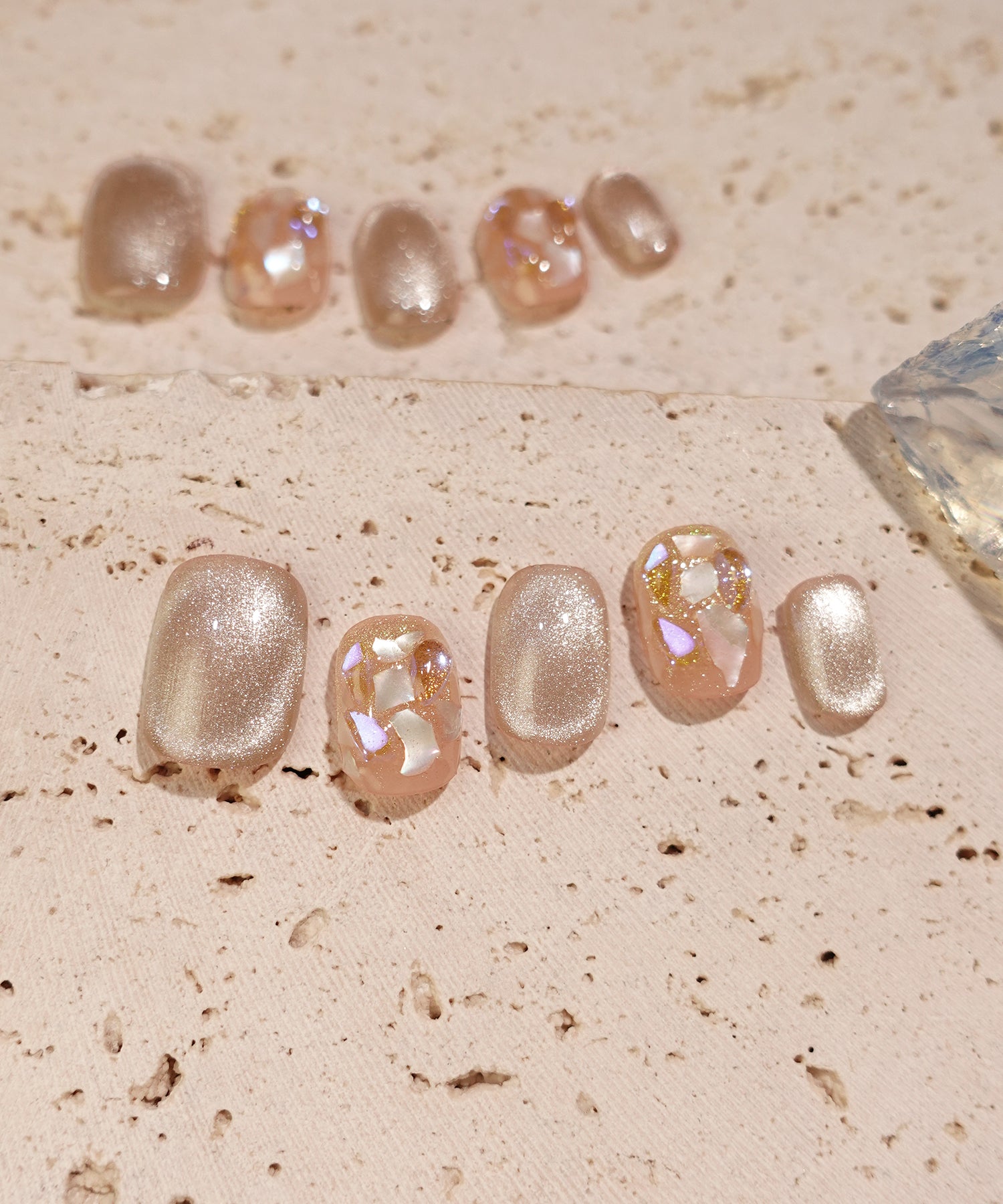 水光ネイルピンクマグネットオーロラシェルショートスクエアネイルチップ