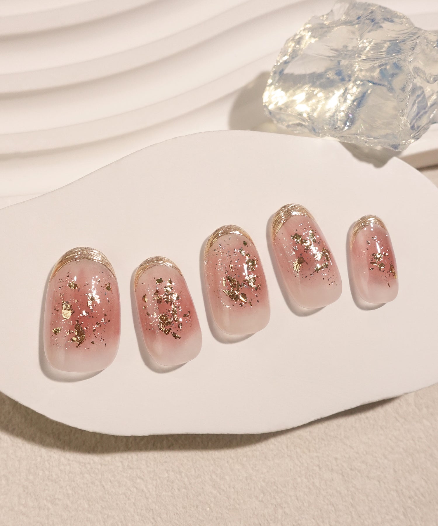 【当日発送】水光ネイルレッドチークゴールドミラーフレンチホイルオーバルネイルチップ