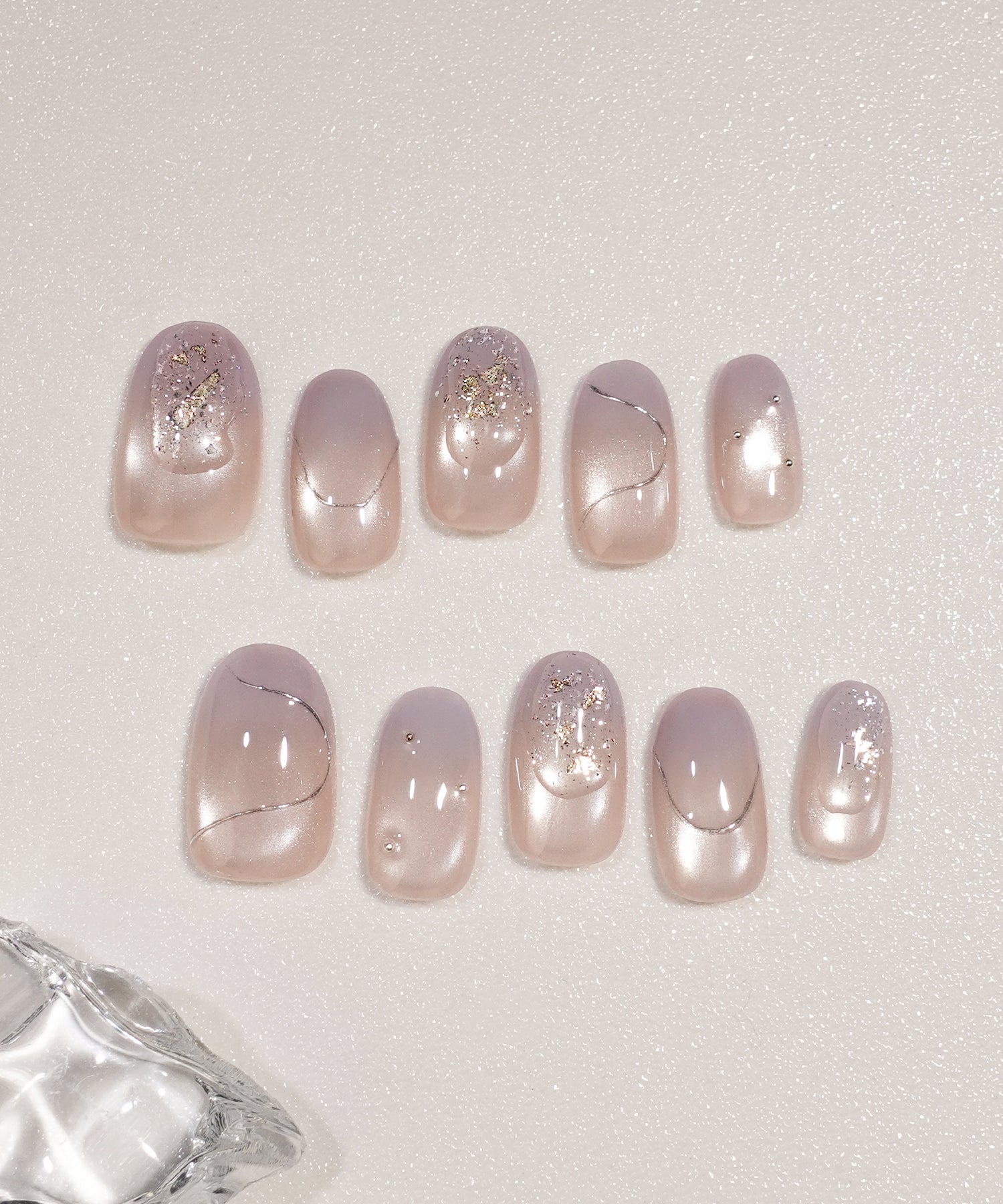 水光ネイルパープルピンクグラデーションマグネットシルバーミラーラインオーバルネイルチップ