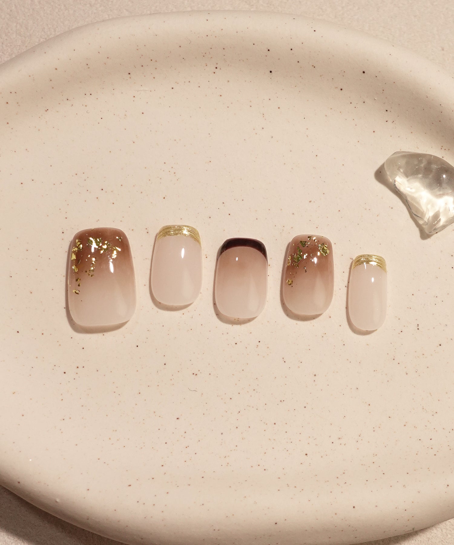 【当日発送】水光ネイルショコラブラウングラデーションゴールドホイルフレンチスクエアネイルチップ