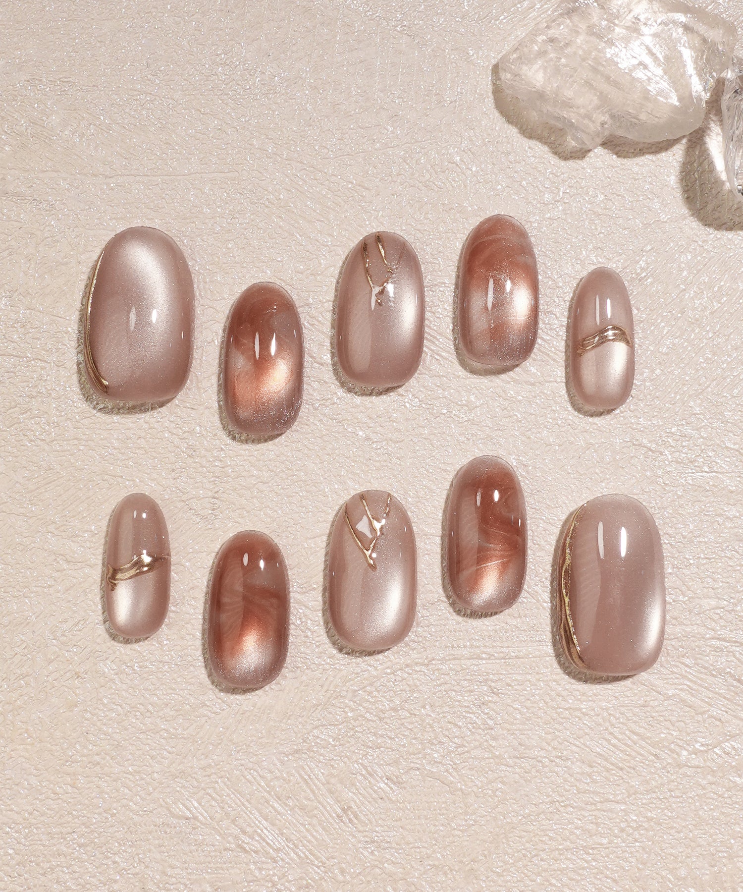 【当日発送】水光ネイルピンクマグネットゴールドミラーラインブラウンニュアンスオーバルネイルチップ