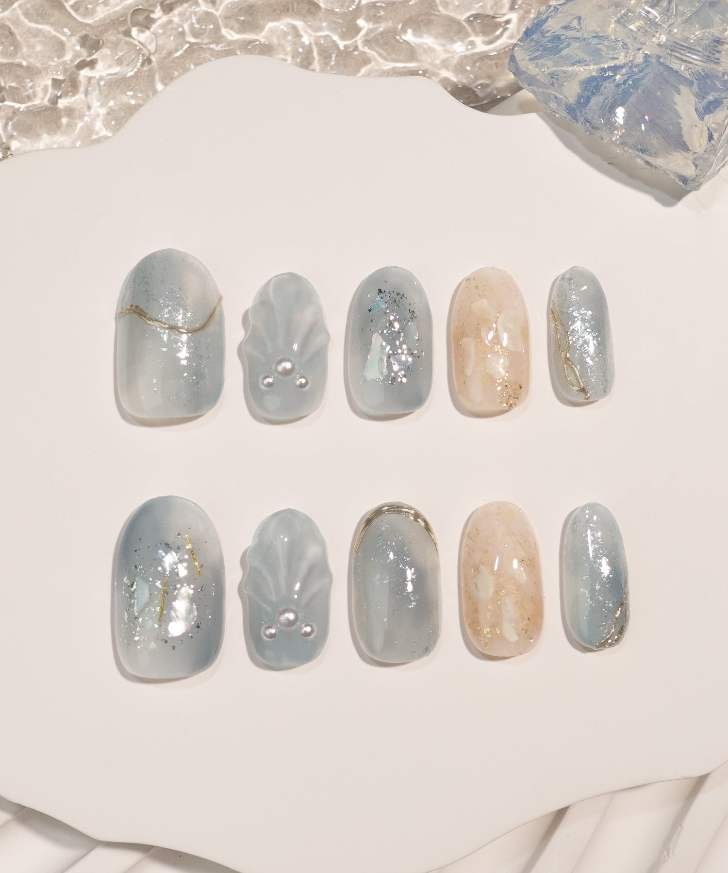 【COMING SOON】水光ネイルスモーキーブルーマーメイドシェルオーバルネイルチップ