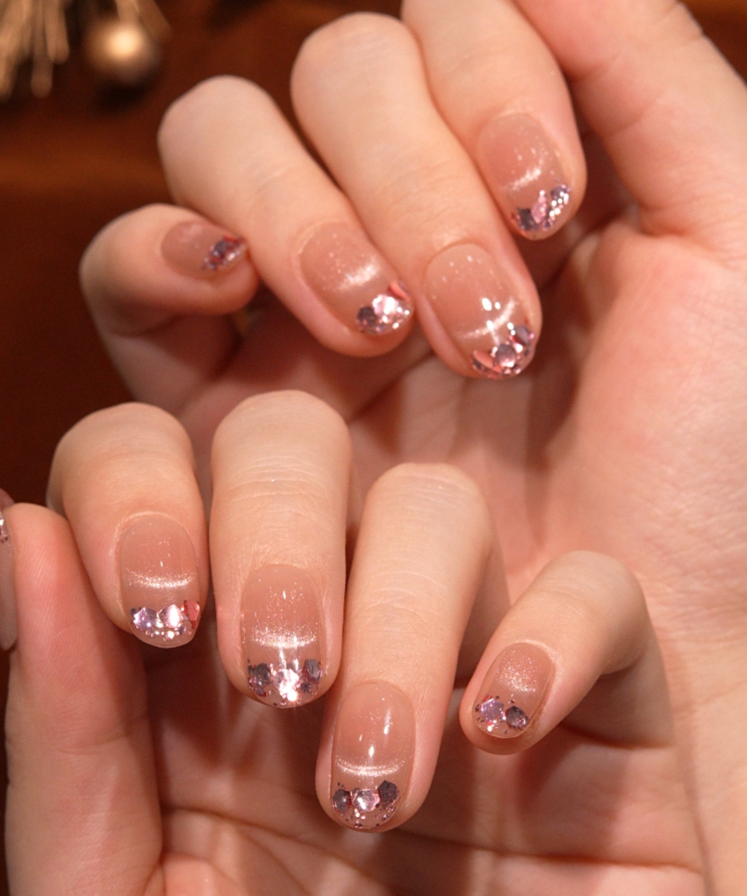 【当日発送】水光ネイルピンクマグネットホログラムフレンチオーバルネイルチップ