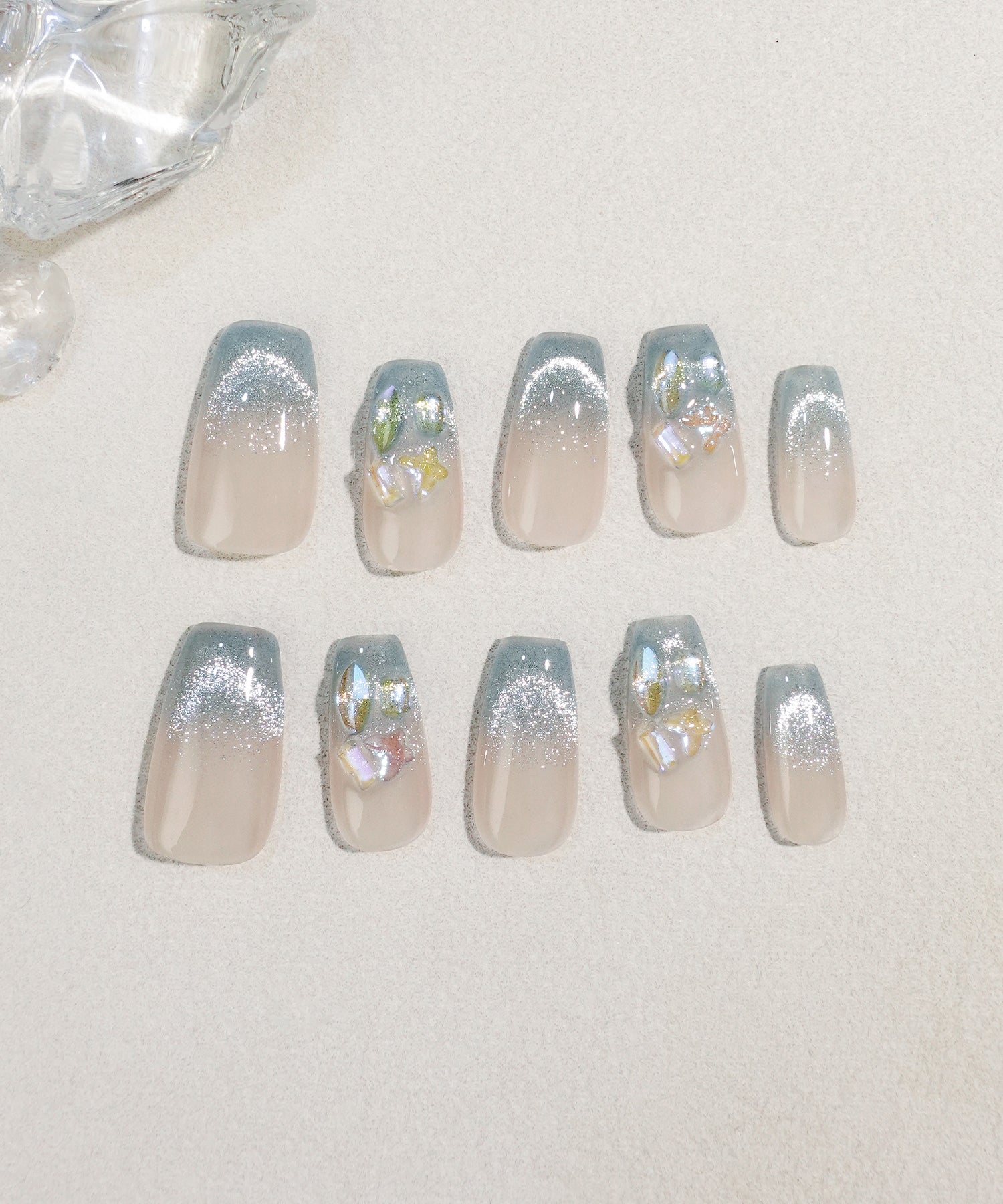 【当日発送】水光ネイルピンクブルーグラデーションクリアストーンバレリーナネイルチップ