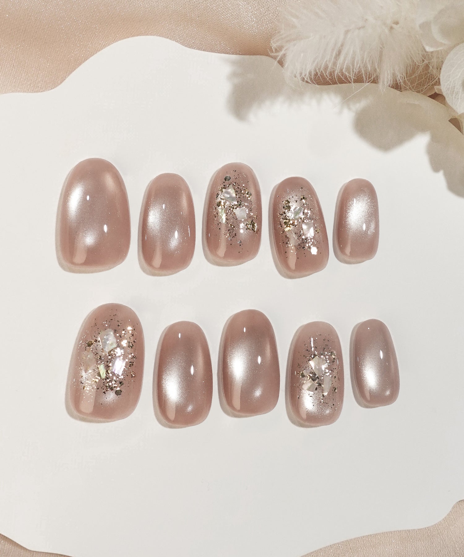 【当日発送】水光ネイルピンクマグネットゴールドホイルシェルオーバルネイルチップ