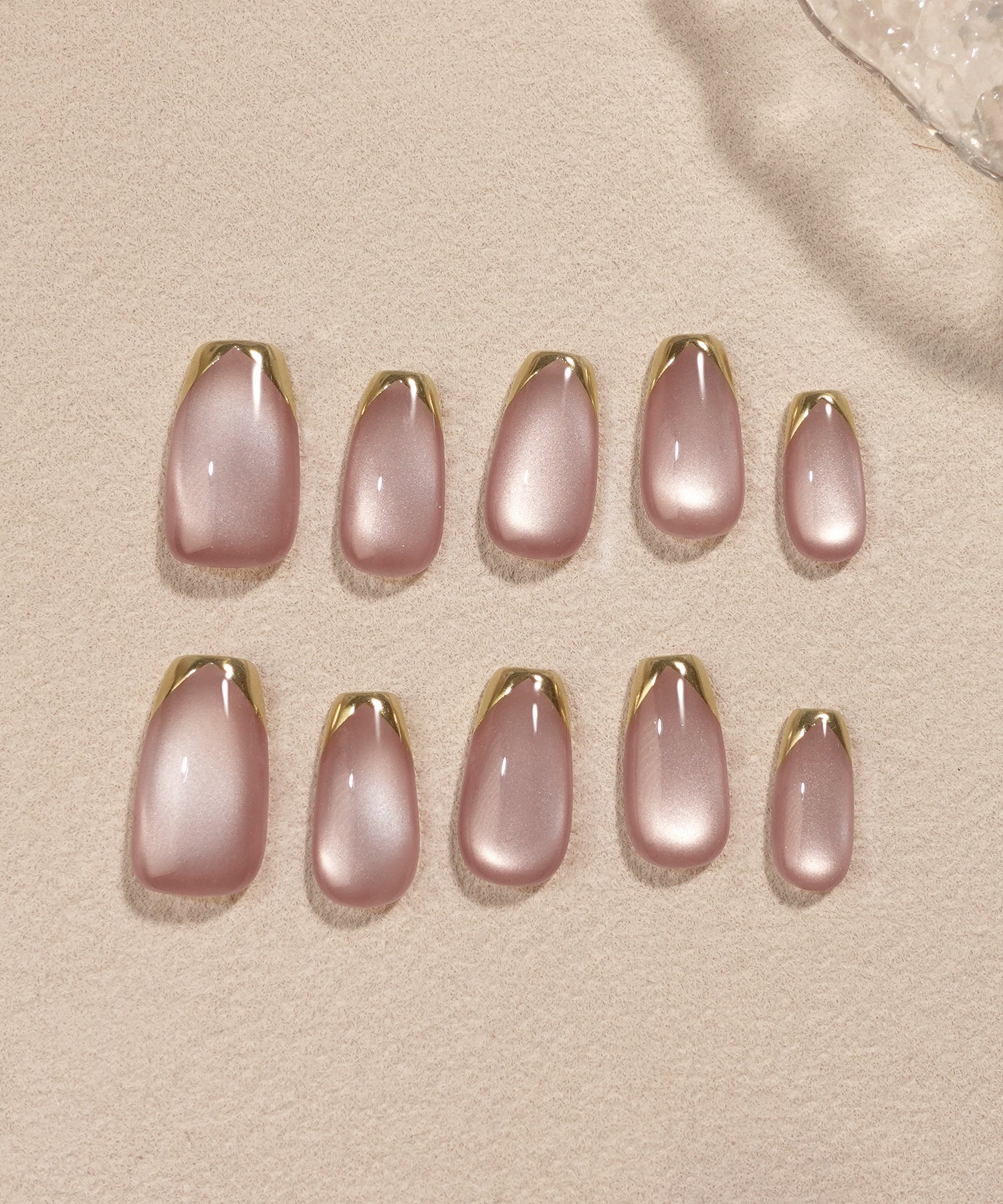 【COMING SOON】水光ネイルモーブピンクマグネットゴールドミラーフレンチバレリーナネイルチップ