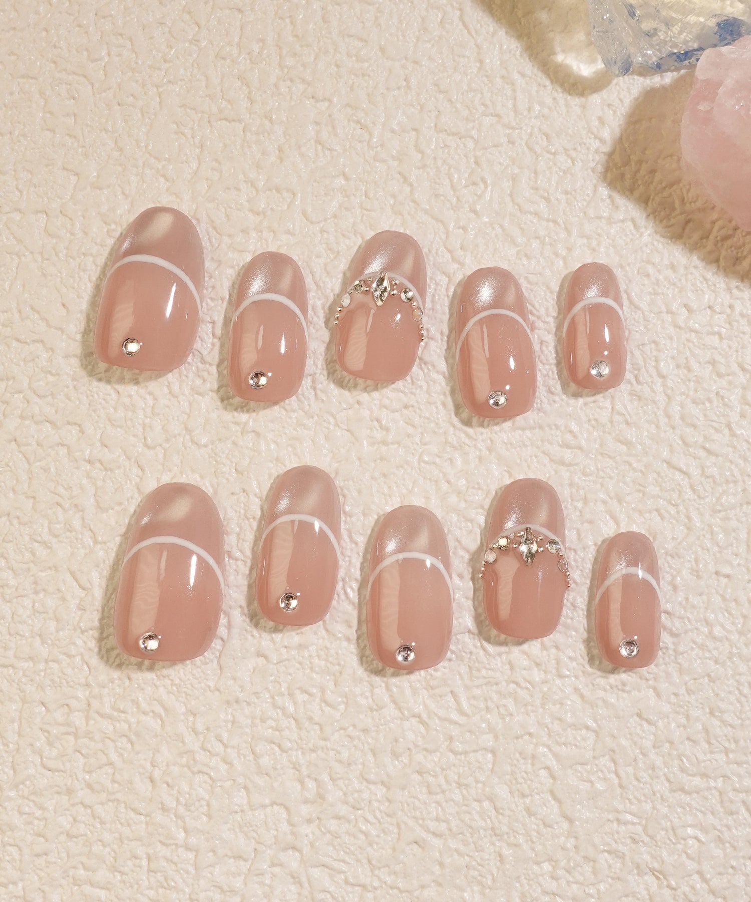 【当日発送】水光ネイルピンクマグネットフレンチラインストーンオーバルネイルチップ