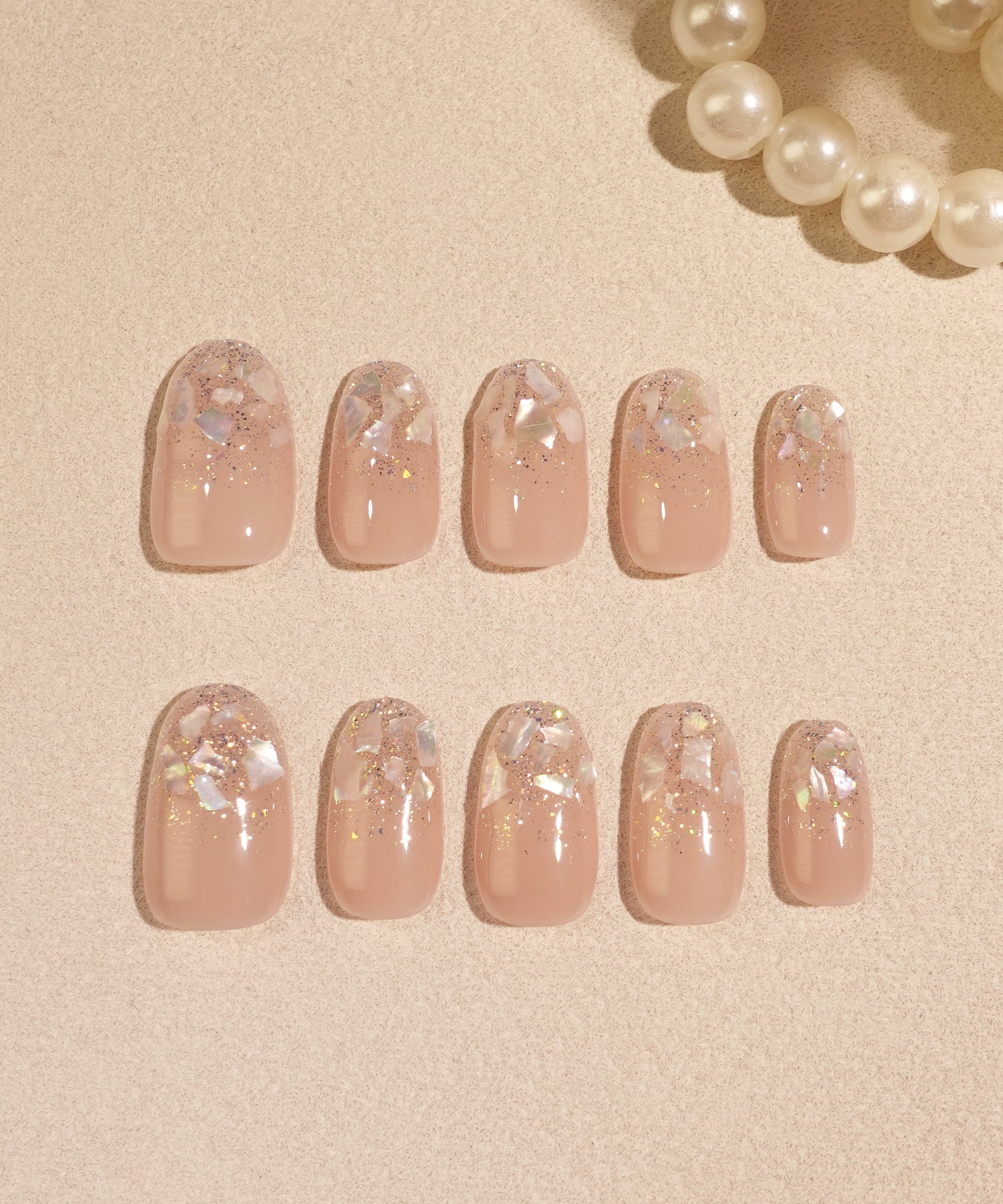 【COMING SOON】水光ネイルピーチベージュシェルラメグラデーションオーバルネイルチップ