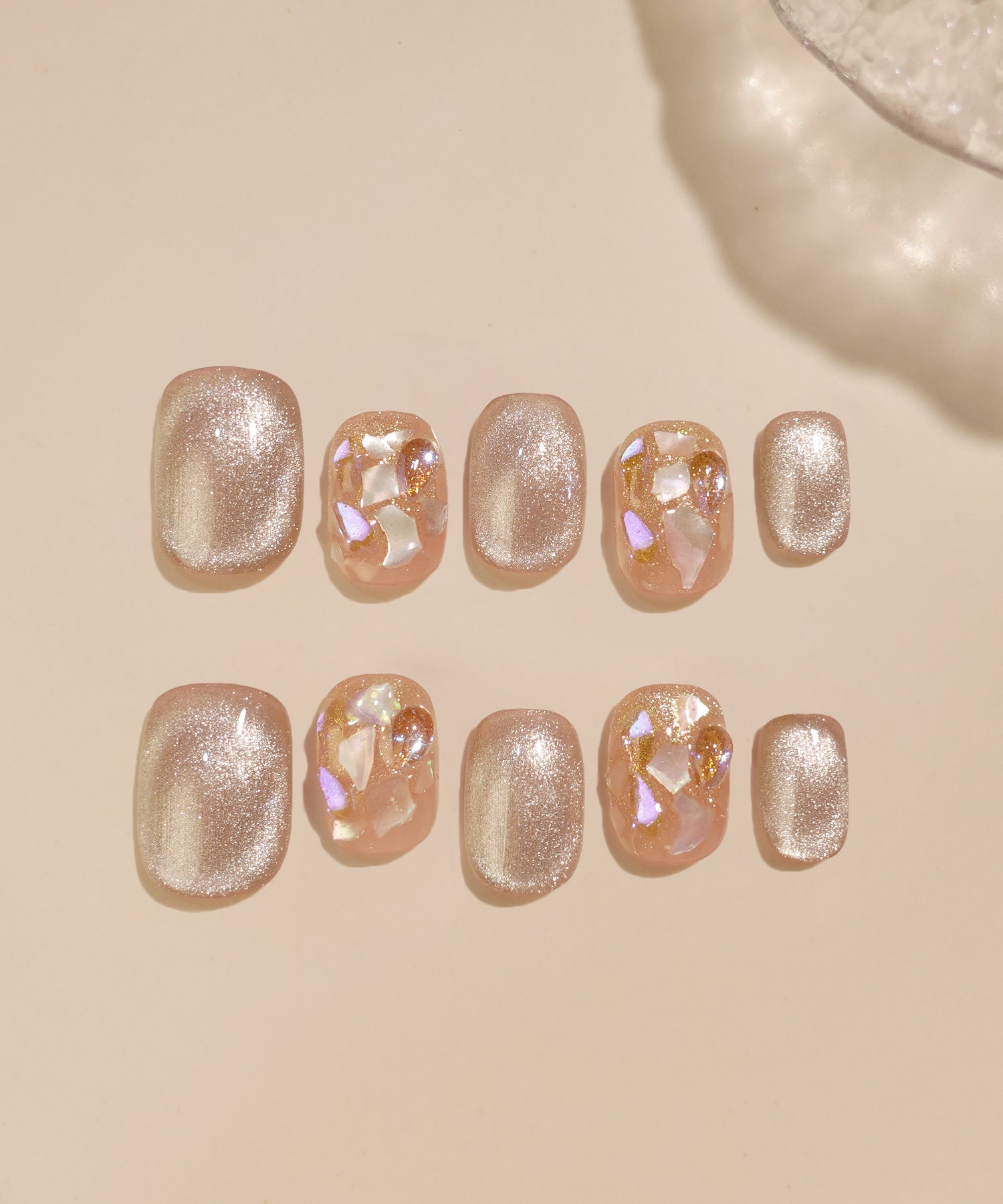 水光ネイルピンクマグネットオーロラシェルショートスクエアネイルチップ